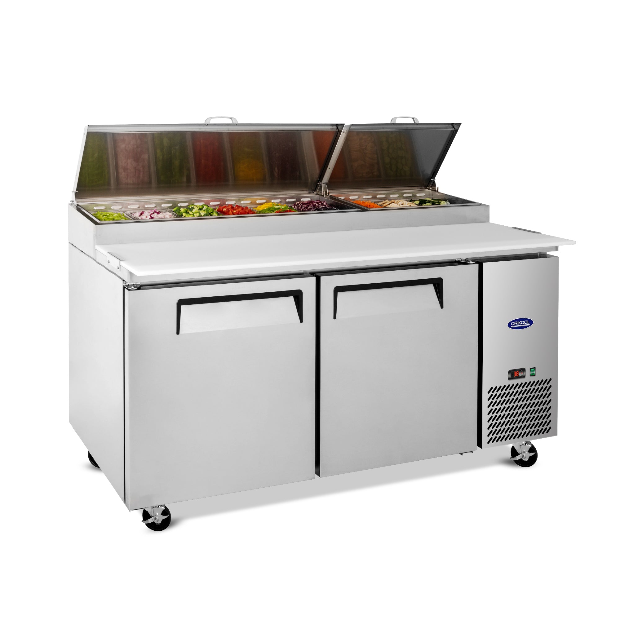 Stainless steel double-door salad prep table refrigerator with open top storage and cutting board workspace.