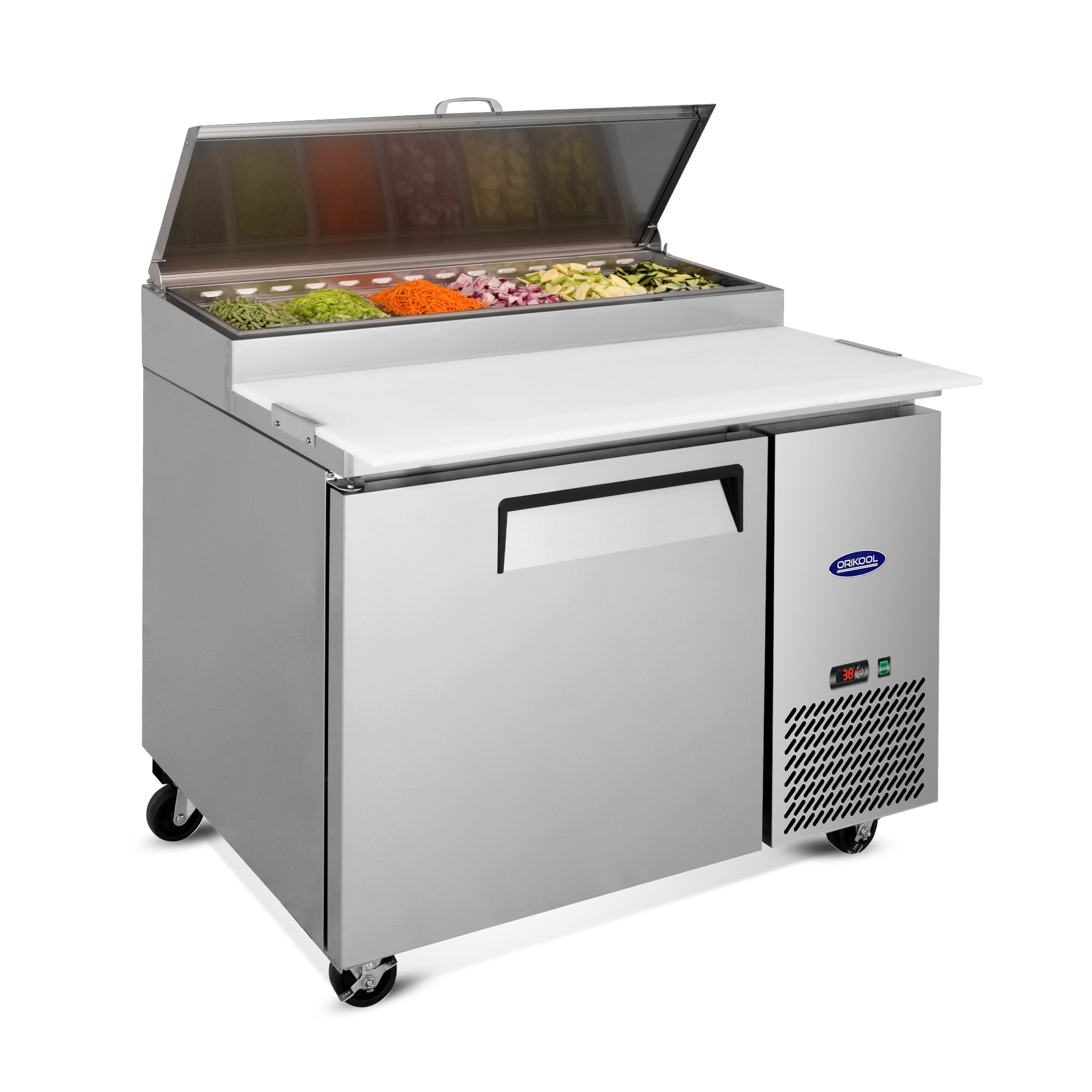 Stainless steel salad sandwich prep table refrigerator with open top storage and cutting board workspace.