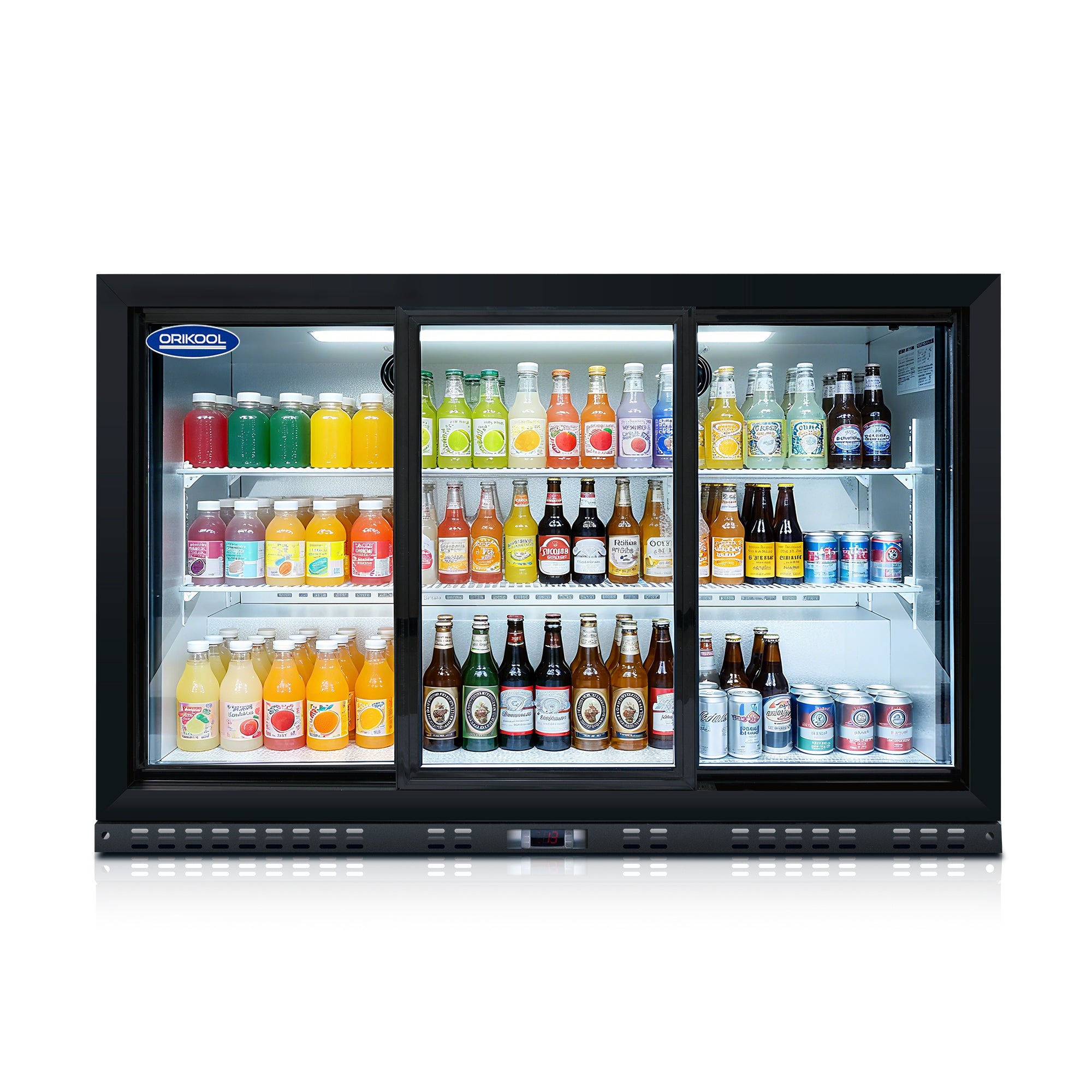 Front view of a three-door beverage cooler fully stocked with assorted bottled drinks and cans.