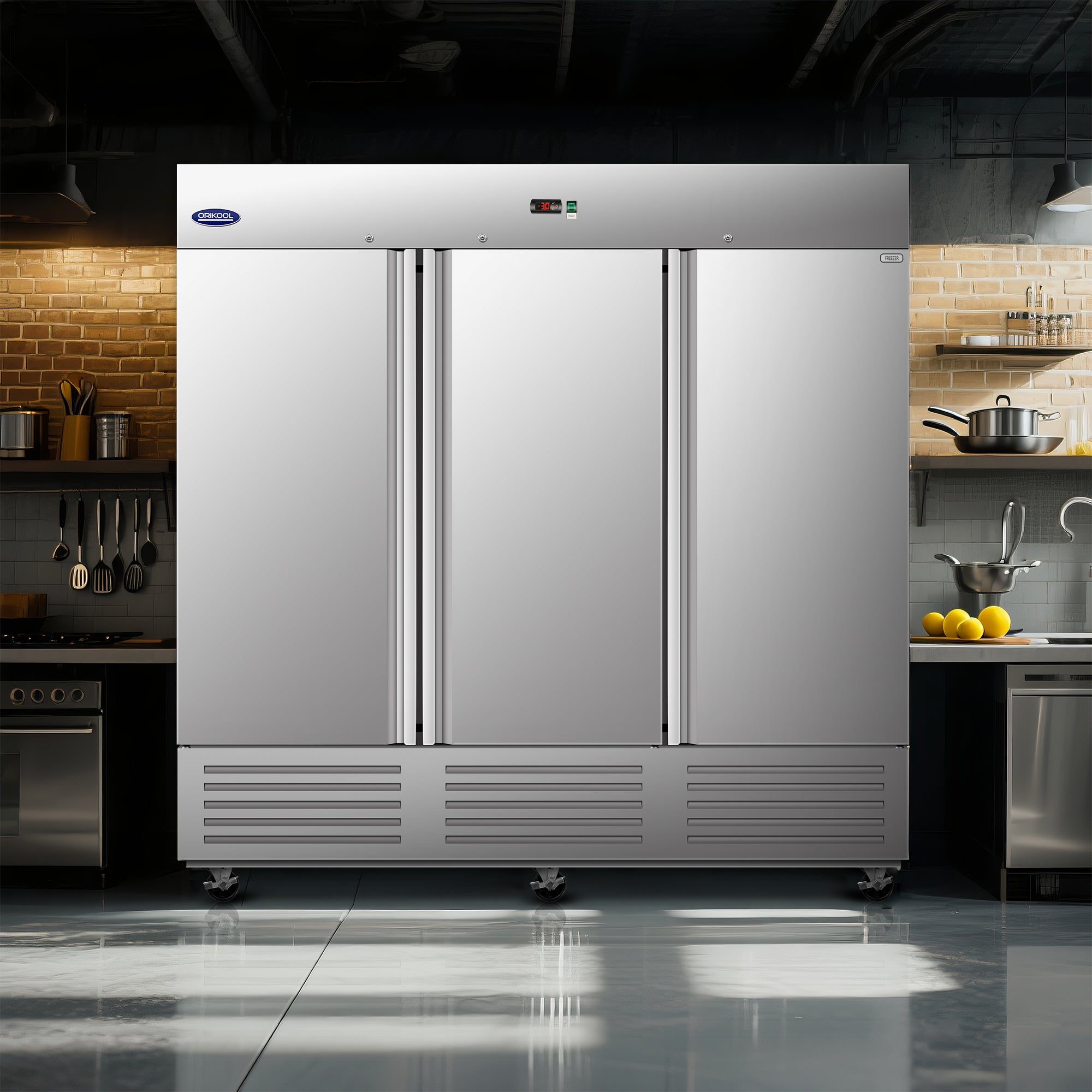 Front view of a stainless steel three-door commercial refrigerator in a dimly lit commercial kitchen.