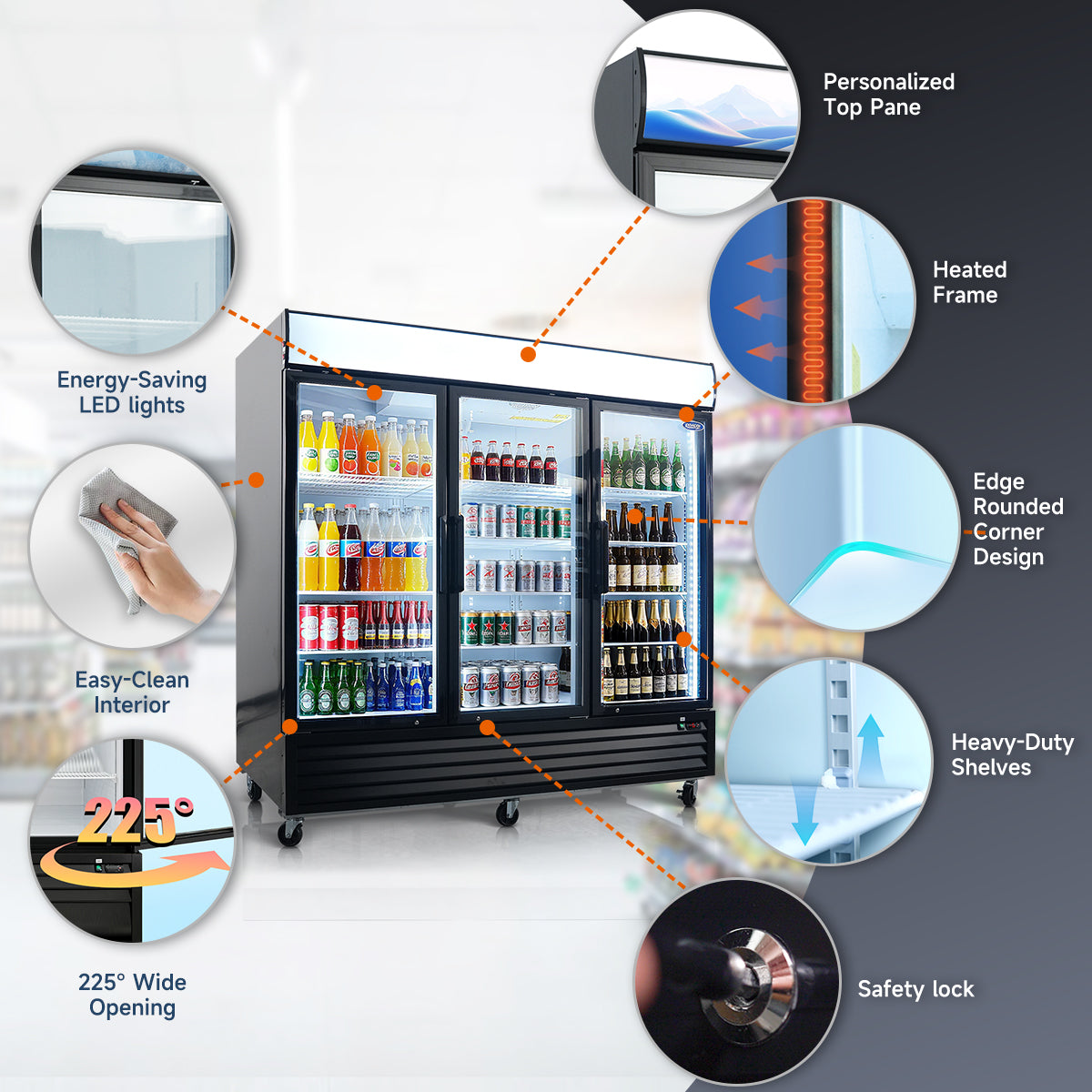 Triple-door refrigerator with LED lights, heated frame, safety lock, and heavy-duty shelves.