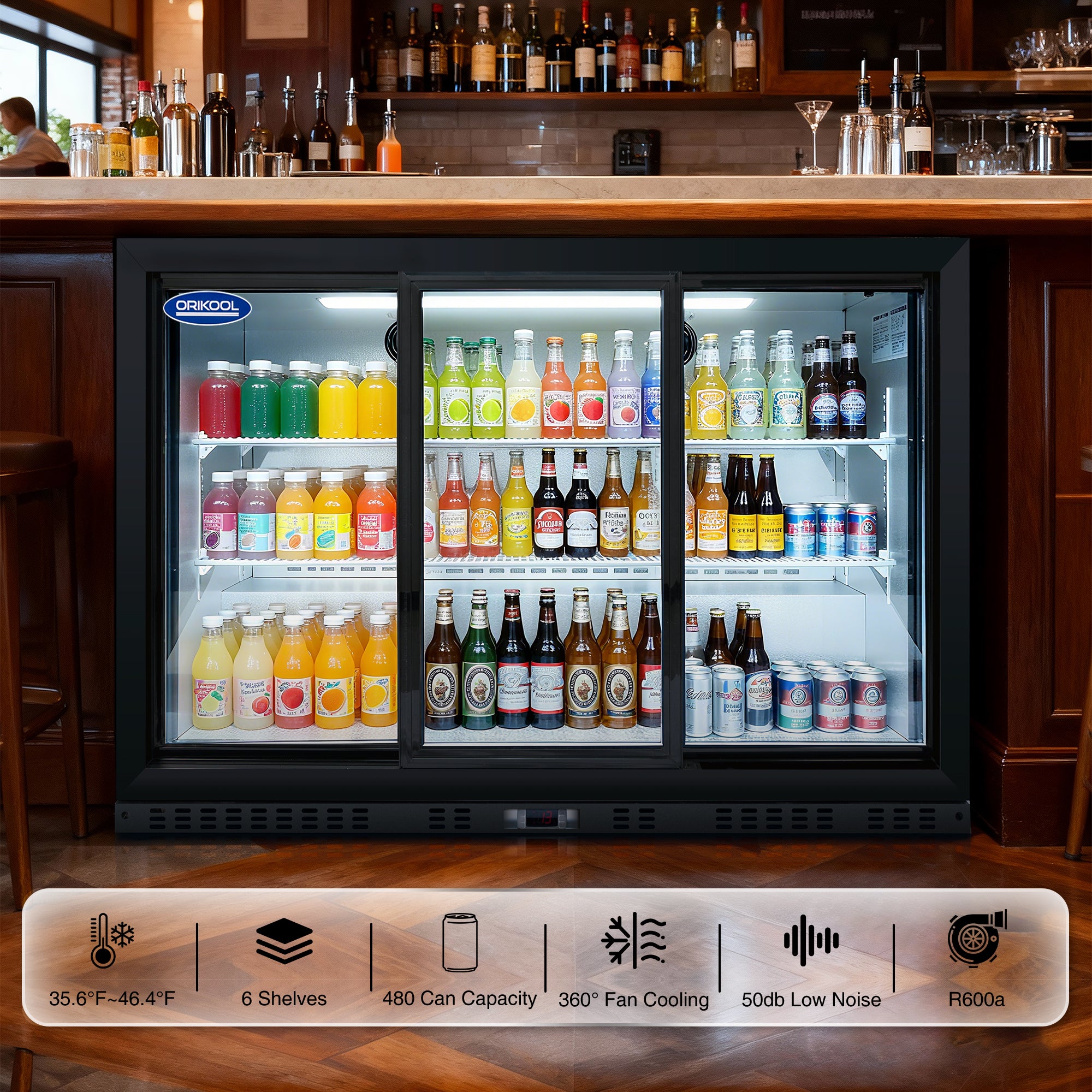Three-door under-counter beverage cooler in a bar setting with temperature range, shelves, and cooling features highlighted.