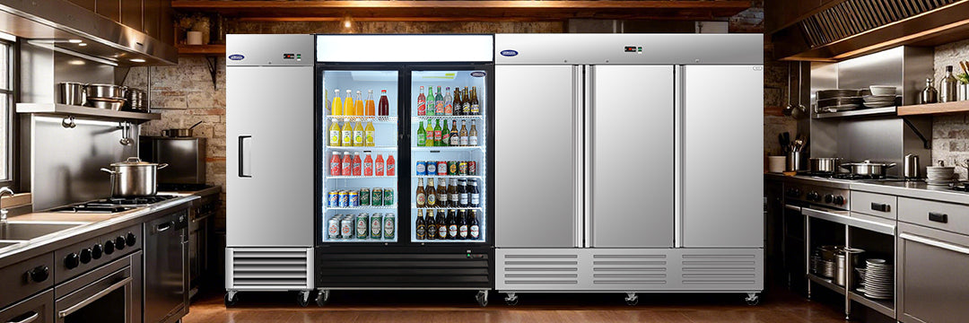 Commercial freezers with solid and glass doors displayed in a professional kitchen environment.