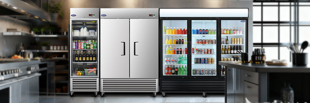 Commercial refrigerators with glass and solid doors arranged in a modern kitchen environment.