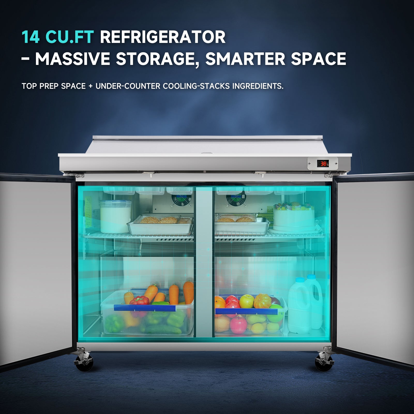 14 Cu.Ft refrigerator offers massive storage and smart under-counter cooling.