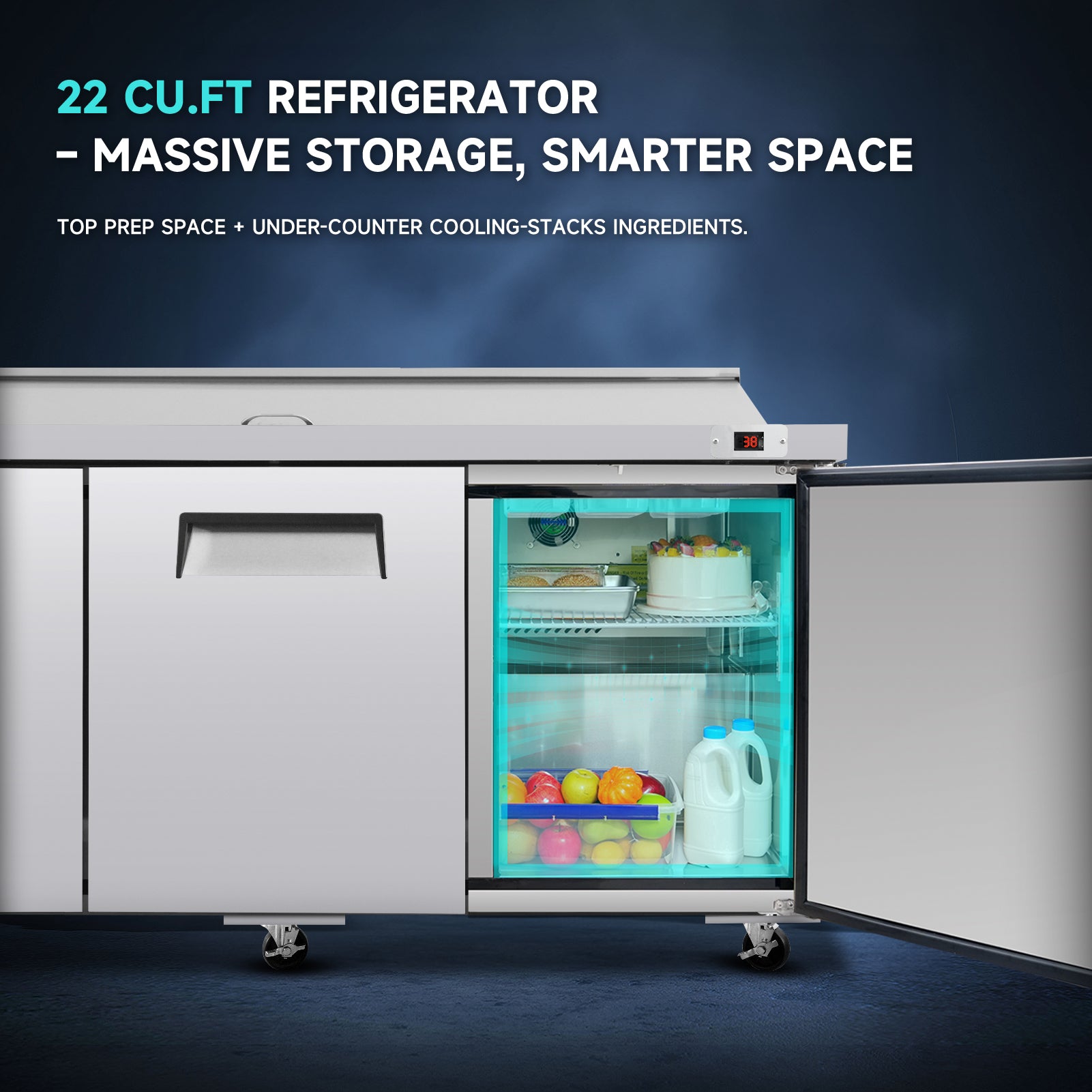 22 Cu.Ft refrigerator with massive under-counter cooling space and smart ingredient storage.