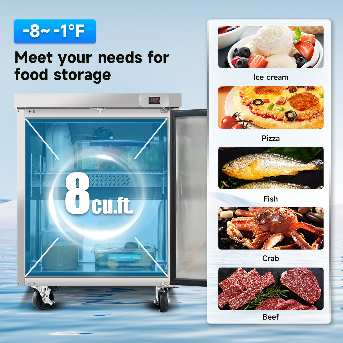 29″ Commercial Undercounter Worktop Freezer, 8 Cu Ft, 1 Door