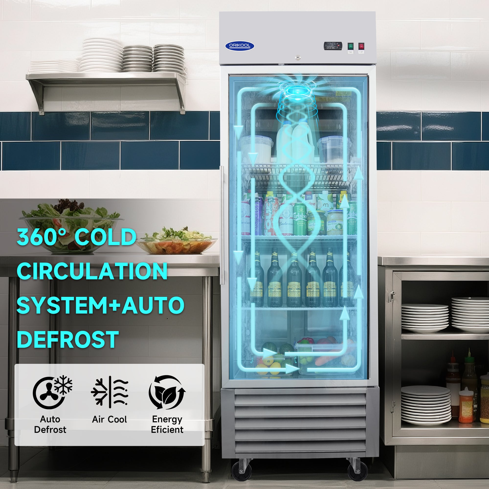 360° cold air circulation with automatic defrost system for efficient cooling in commercial refrigerator.