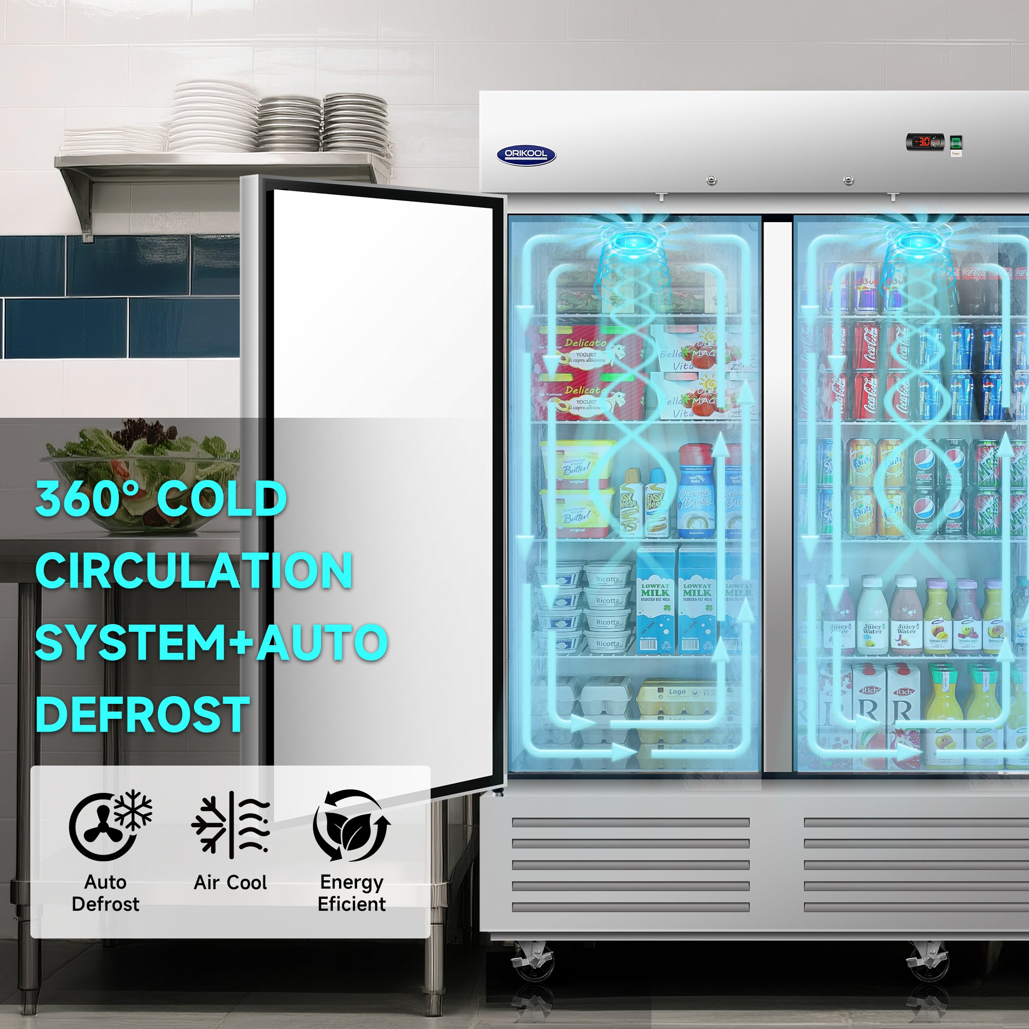 Commercial refrigerator demonstrating a 360° cold air circulation system with auto defrost for uniform cooling.