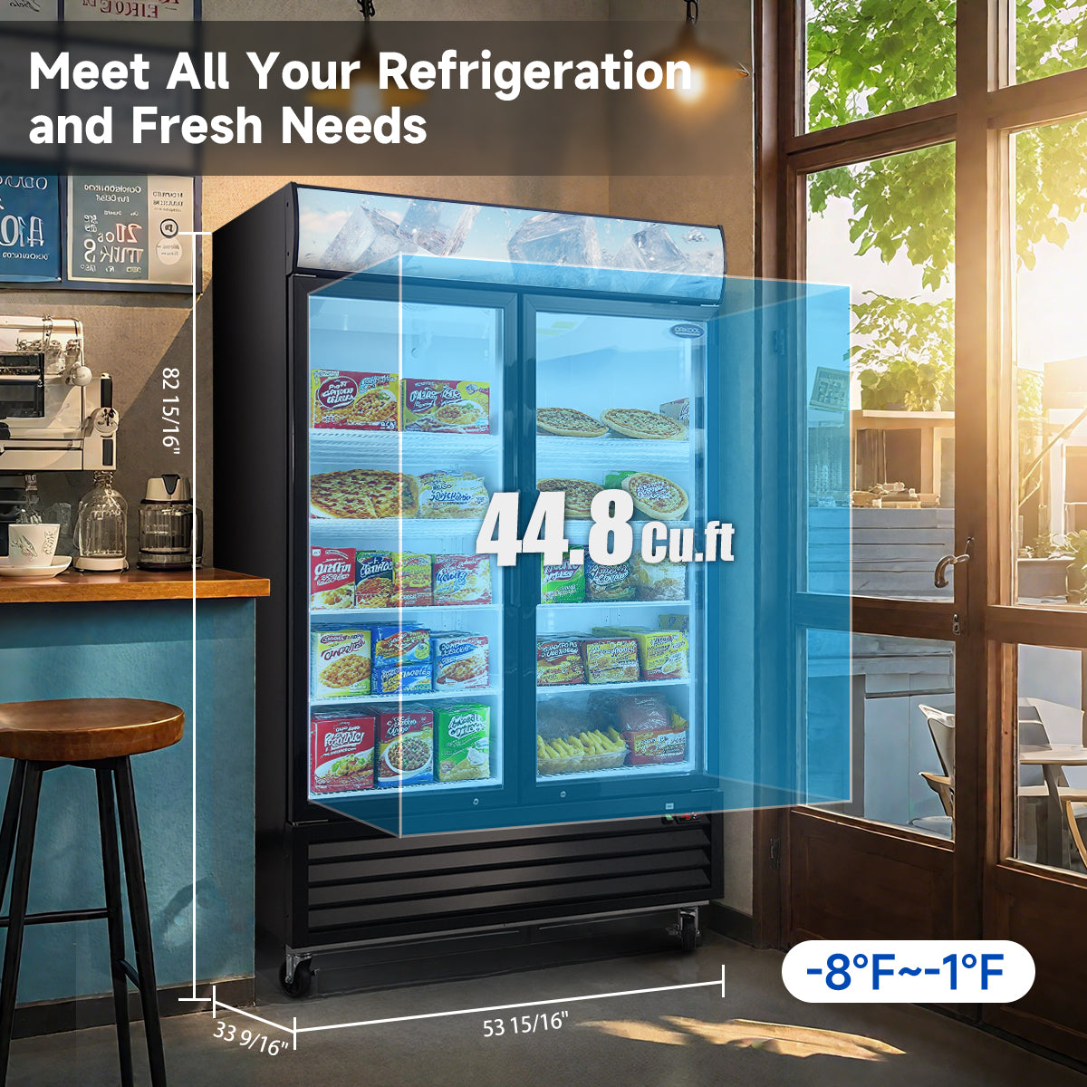 44.8 Cu.Ft double door freezer meets all refrigeration and display needs.