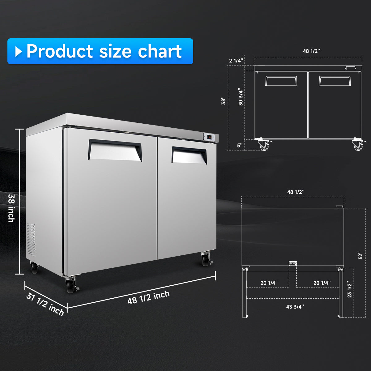 48″ W Commercial Undercounter Refrigerator – 14 Cu Ft Worktop Fridge