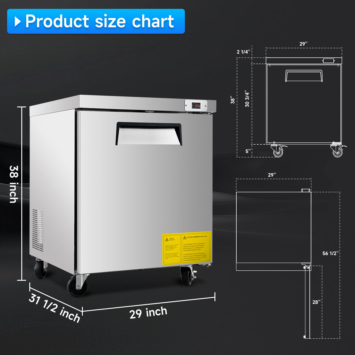 29″ W Commercial Undercounter Refrigerator – 8 Cu Ft Worktop Fridge