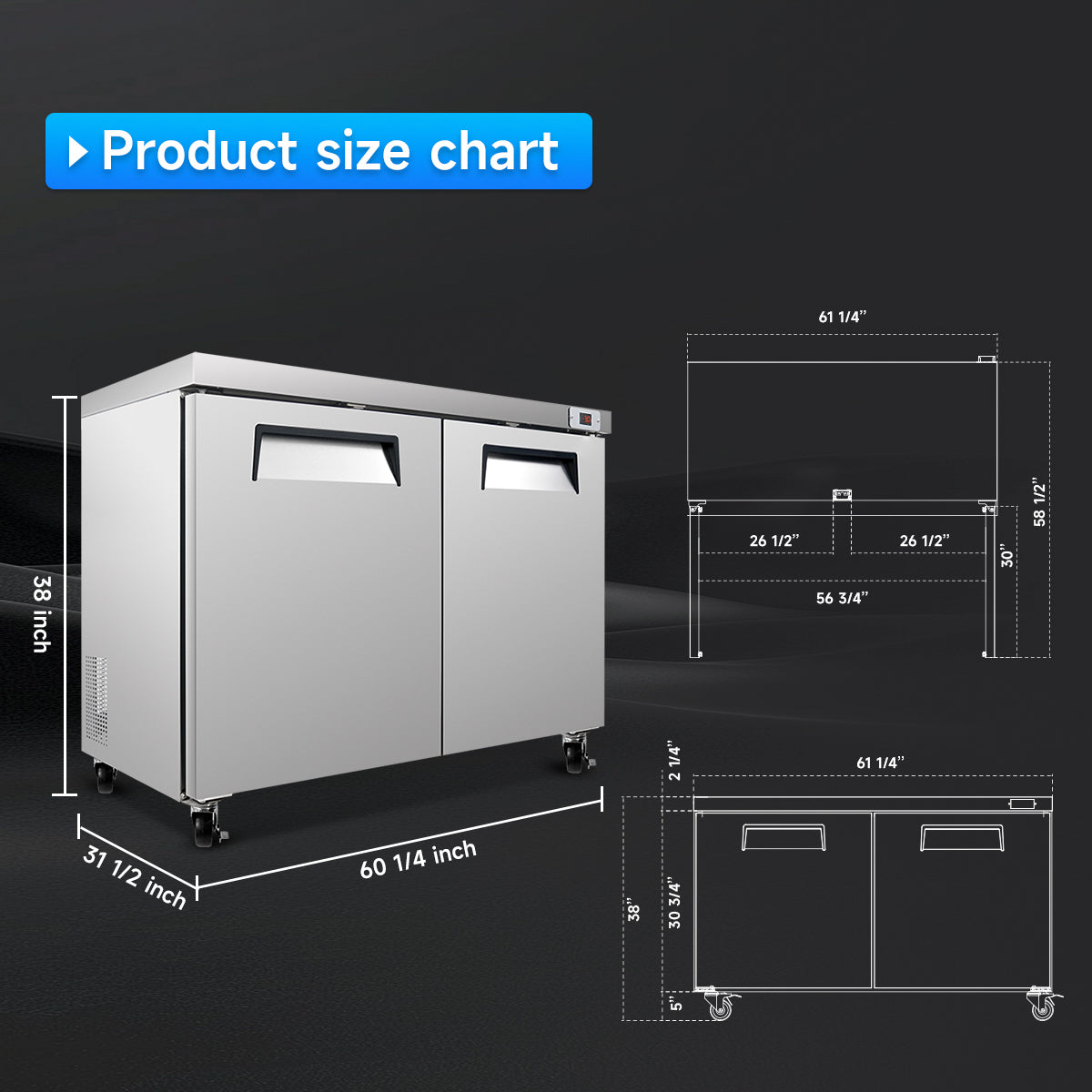 60″ Commercial Undercounter Freezer – 18 Cu Ft Worktop Freezer