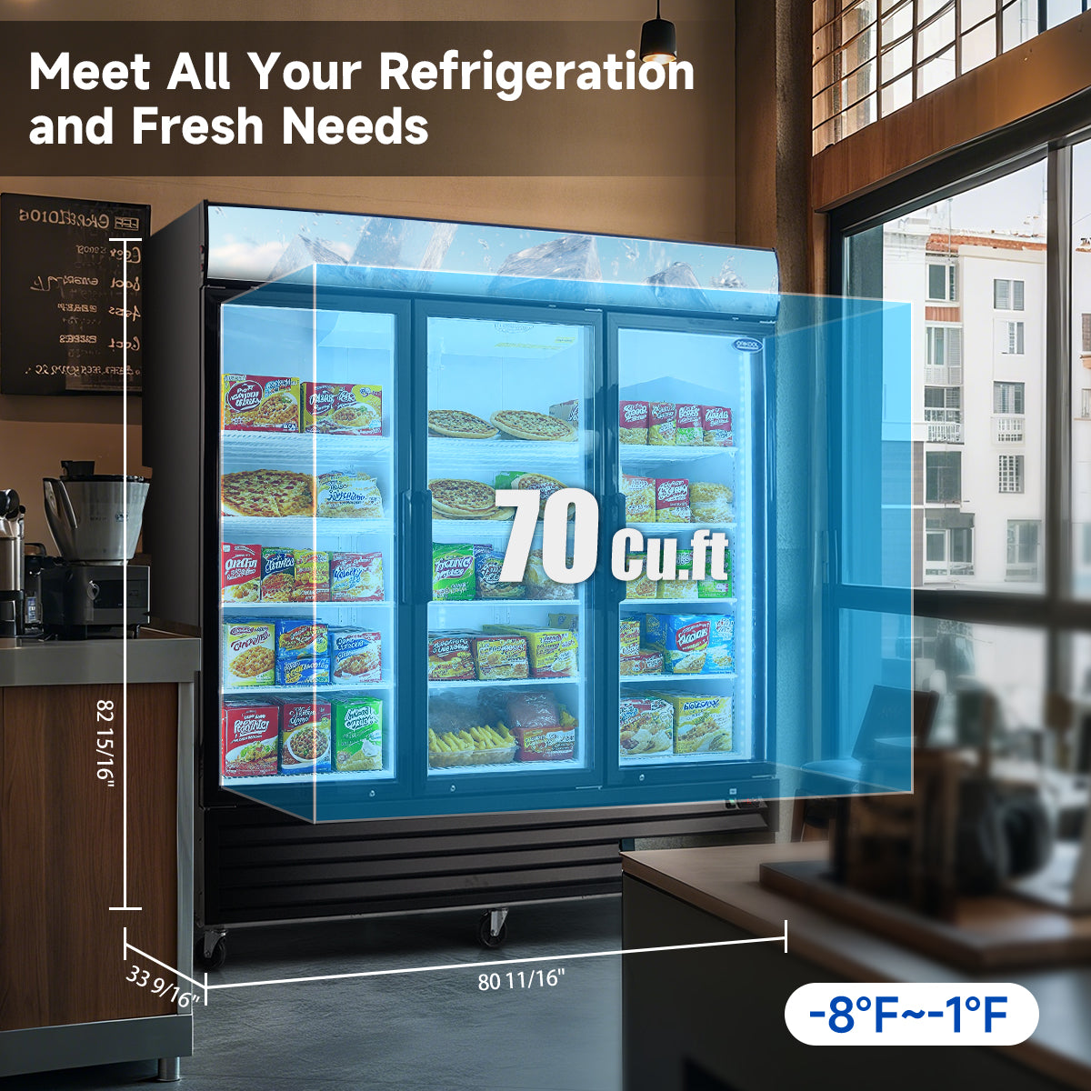 70 Cu.Ft large-capacity freezer meets all commercial refrigeration and display needs.