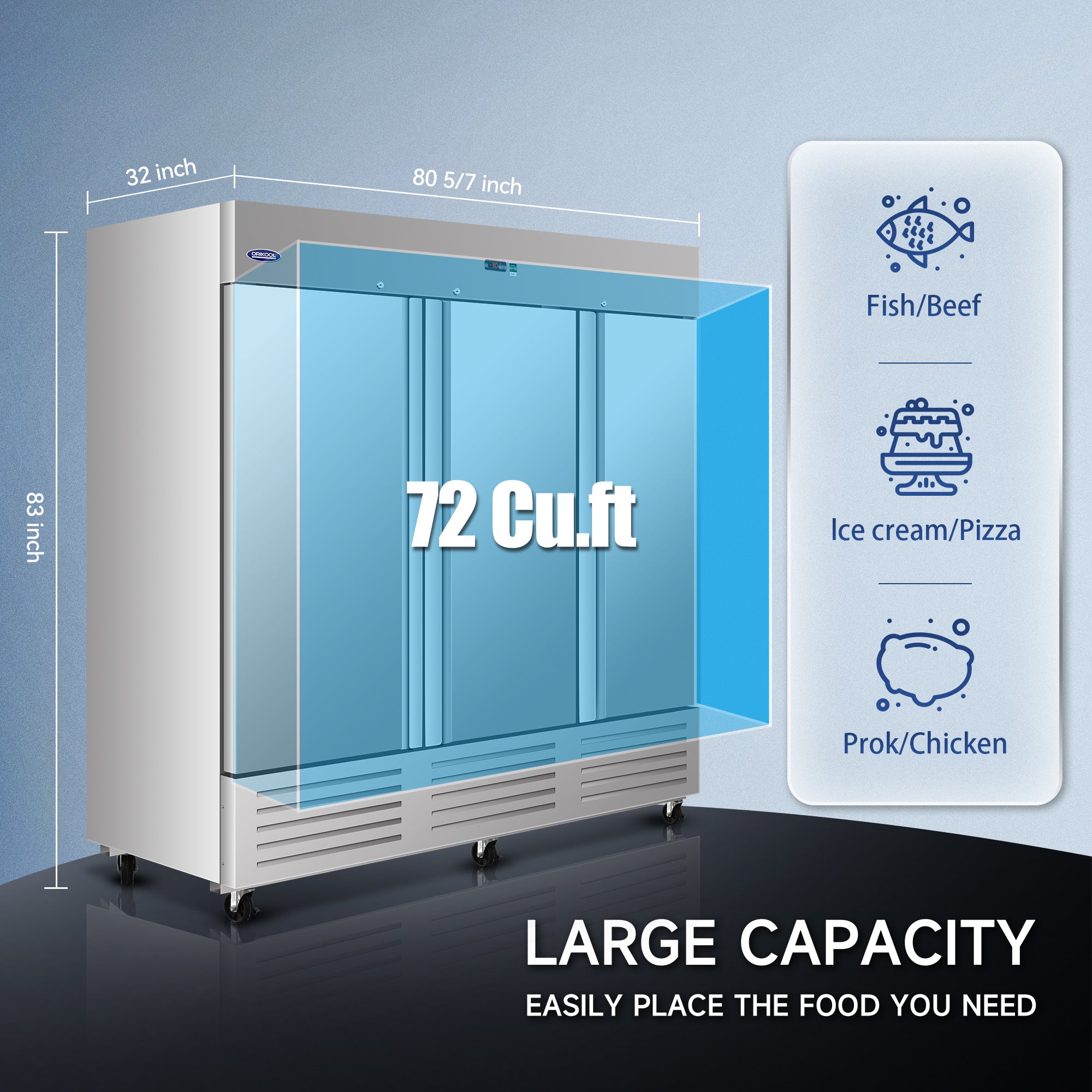 81″ Commercial Reach-In Freezer 72 Cu Ft 3 Solid Door Freezer