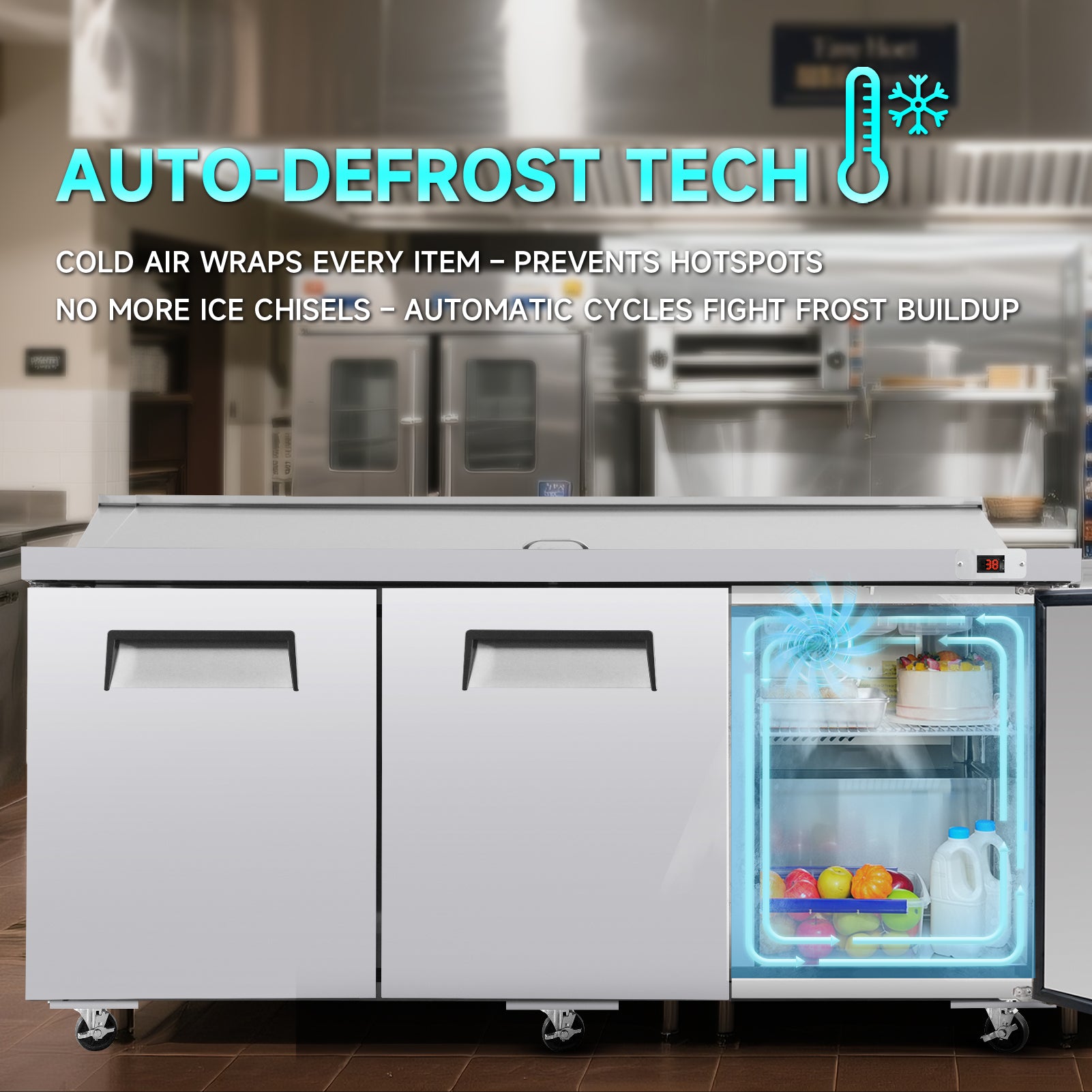 Auto-defrost technology evenly circulates cold air to prevent frost buildup and hotspots.