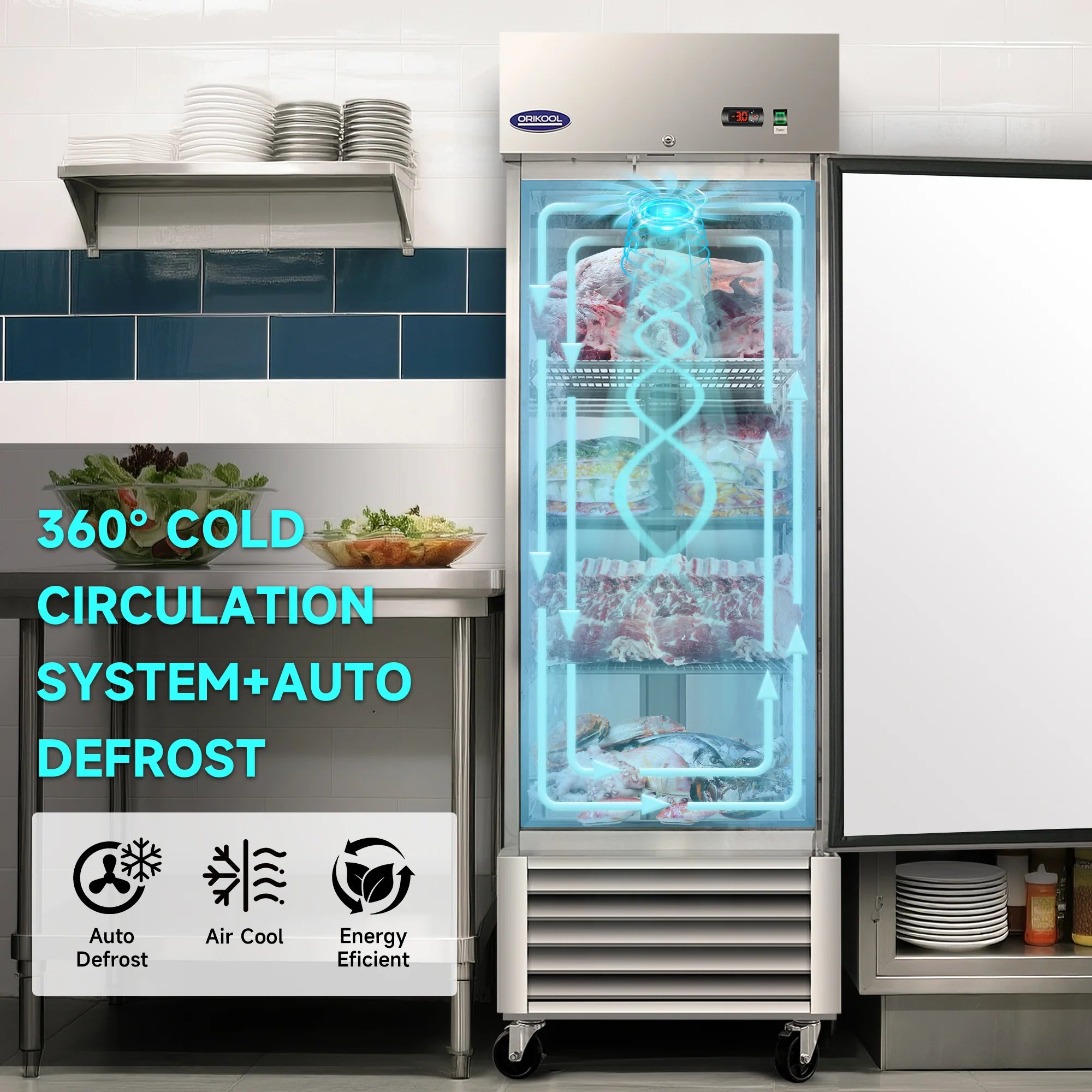 commercial freezer showing 360° cold air circulation and automatic defrost system, energy-efficient design.