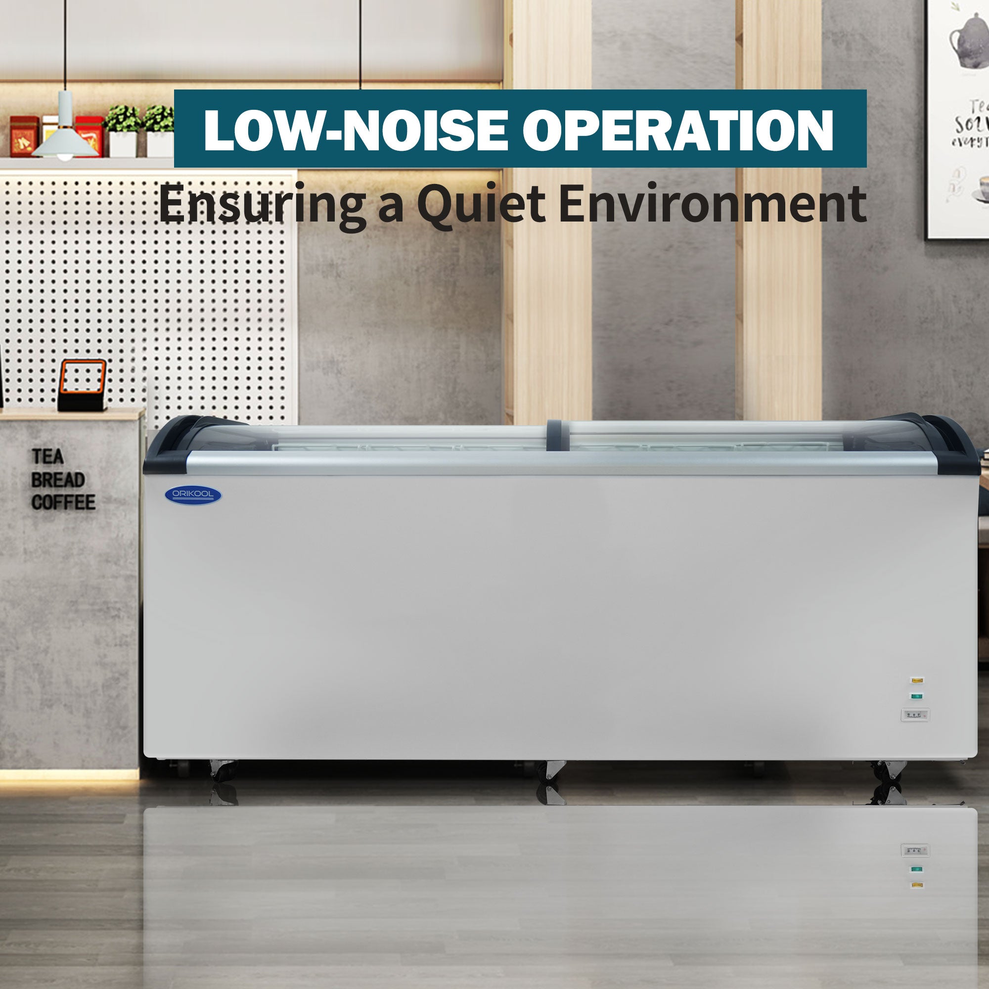 commercial glass top freezer designed for low-noise operation, suitable for cafes, bakeries, and quiet retail environments.