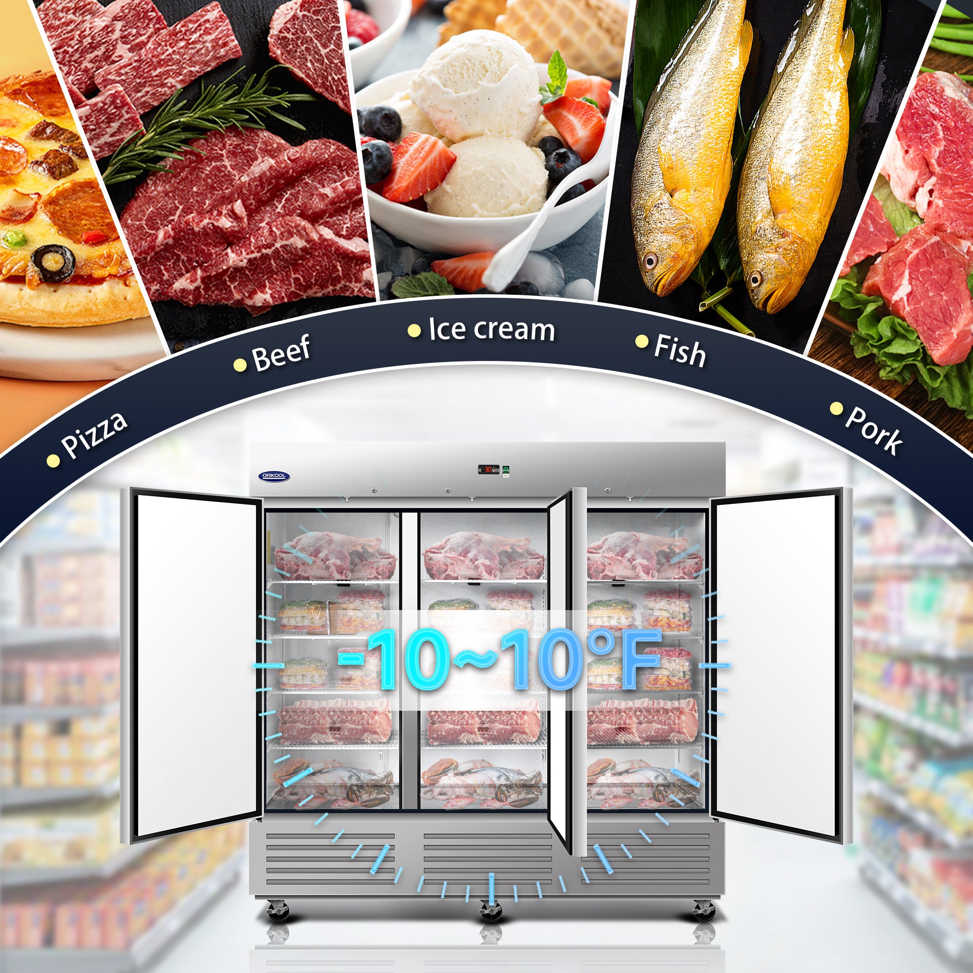 Commercial freezer showing a -10 to 10°F temperature range with various food types including pizza, beef, ice cream, fish, and pork.