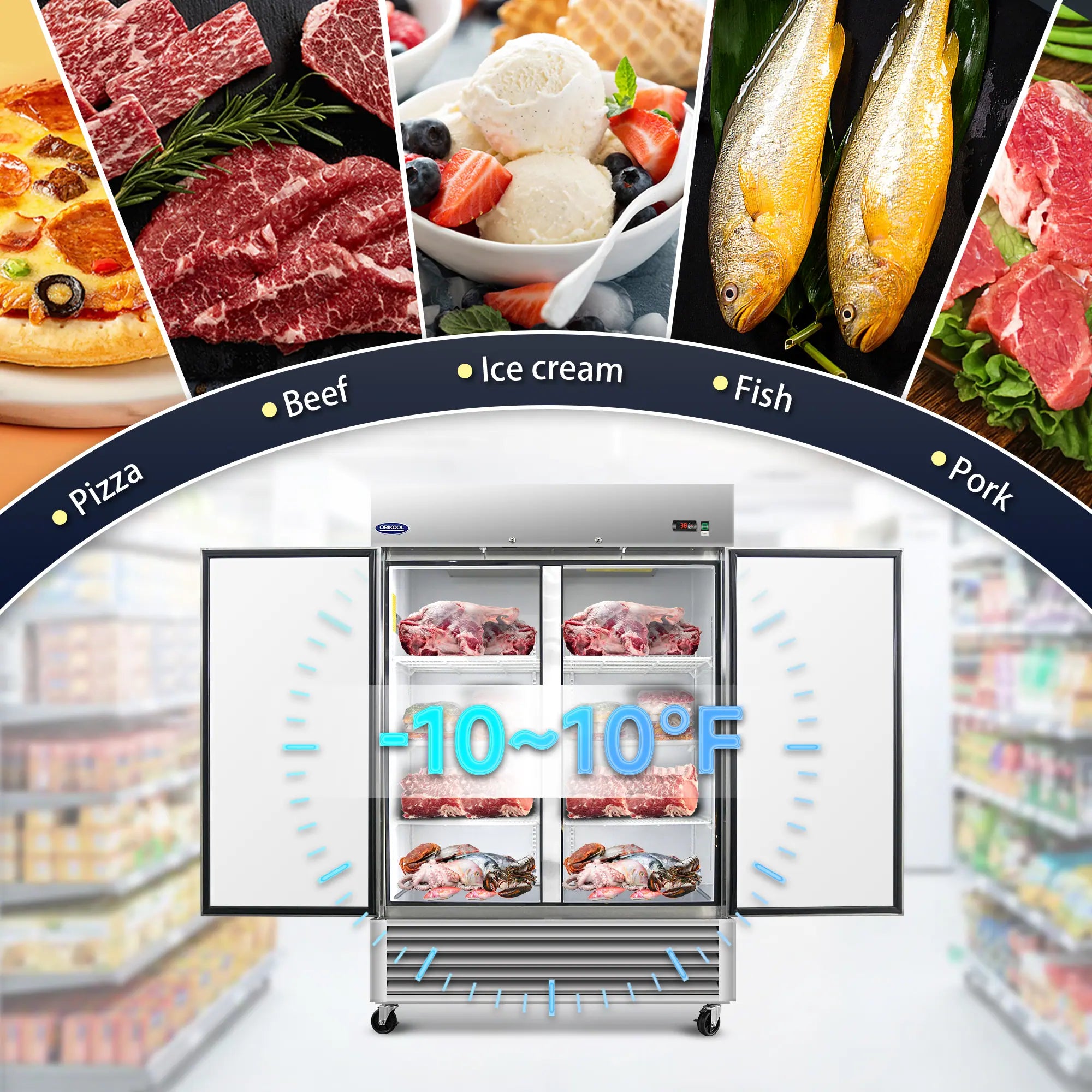 Commercial freezer maintaining temperature range between minus 10°F and 10°F for meat, seafood, and ice cream storage.