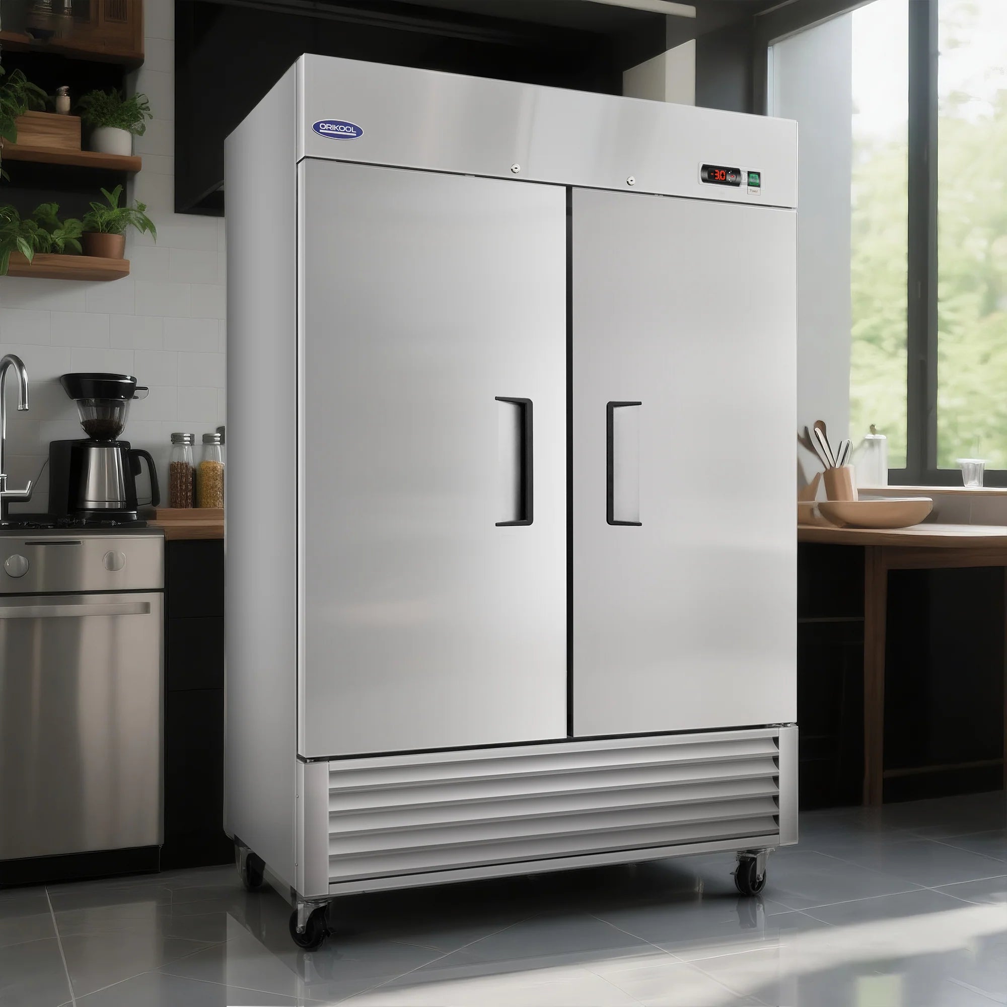 Professional stainless steel freezer in a modern commercial kitchen, built for heavy-duty performance
