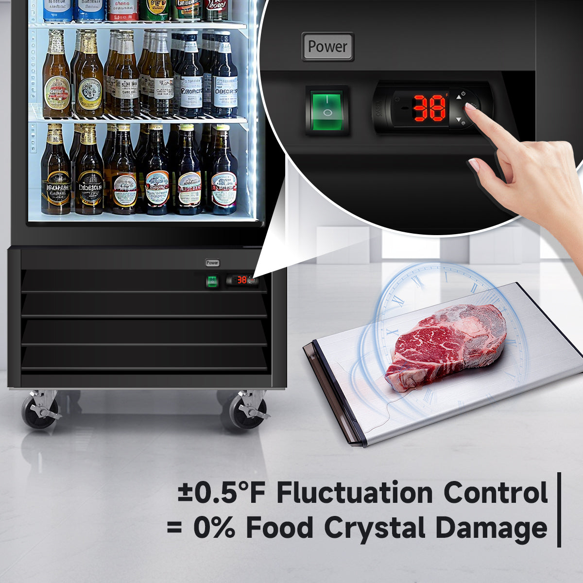 Digital temperature control with ±0.5°F accuracy prevents food crystal damage and ensures freshness.