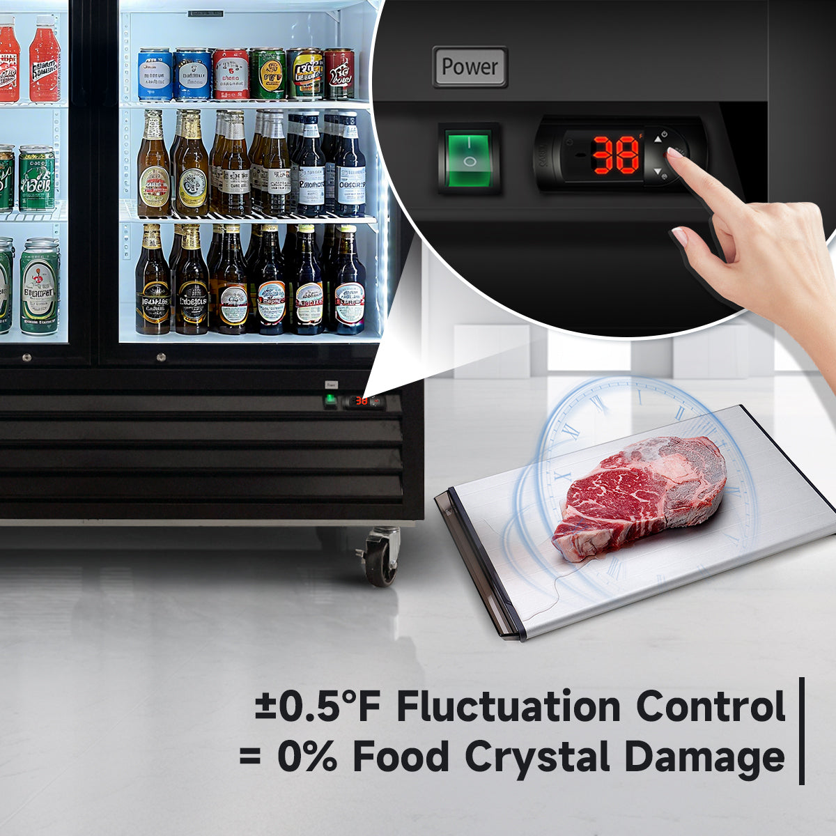 Digital temperature control with ±0.5°F accuracy prevents food crystal damage and maintains freshness.