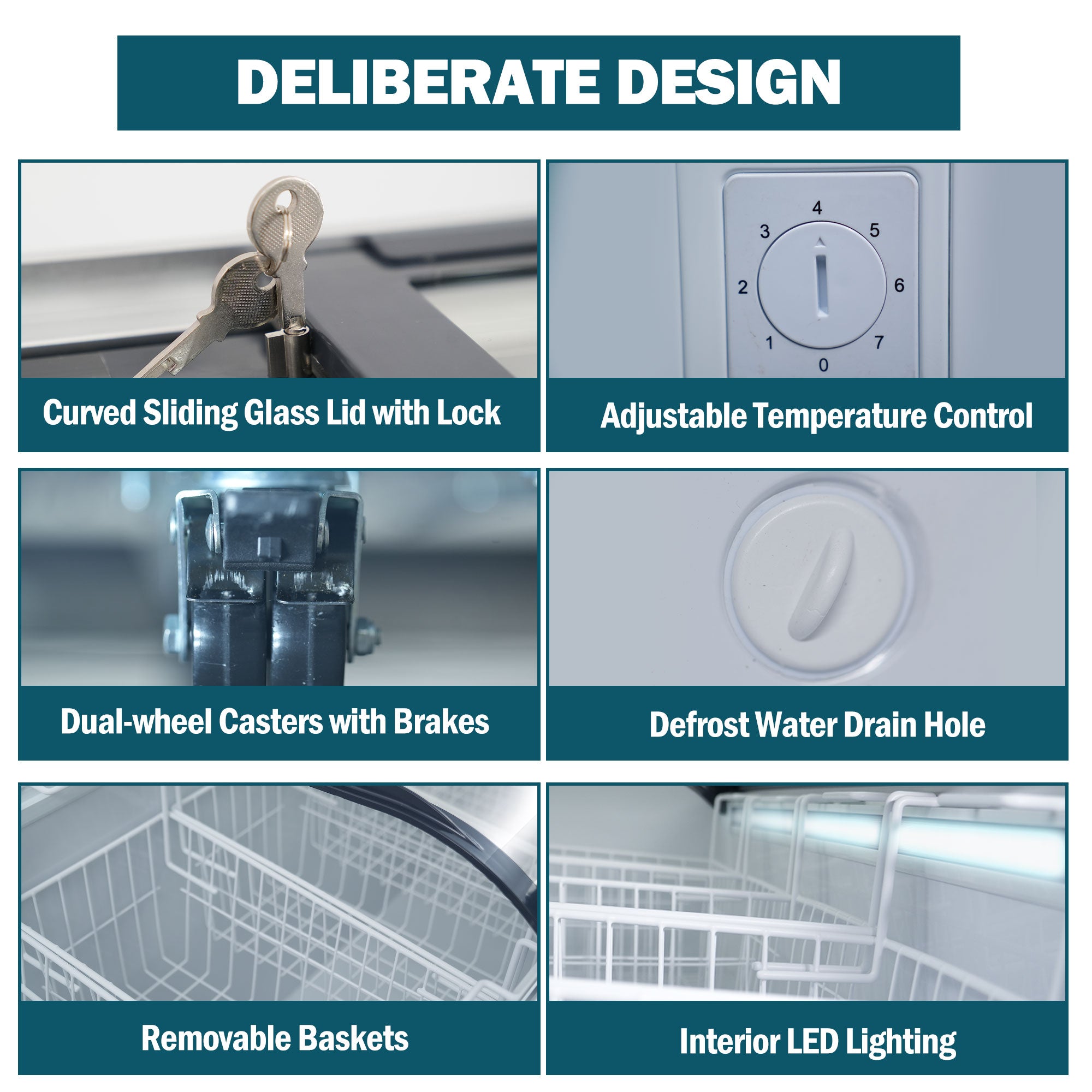 Detail features of display freezer including sliding glass lid with lock, adjustable temperature control, removable baskets, LED lighting, and dual casters with brakes.