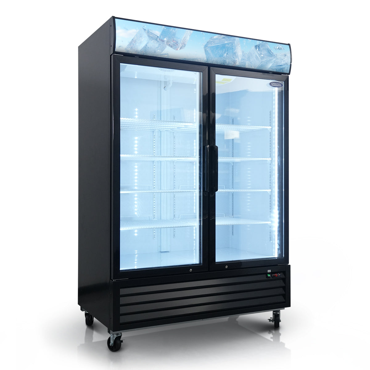 Double door commercial display freezer with large capacity and clear glass doors.