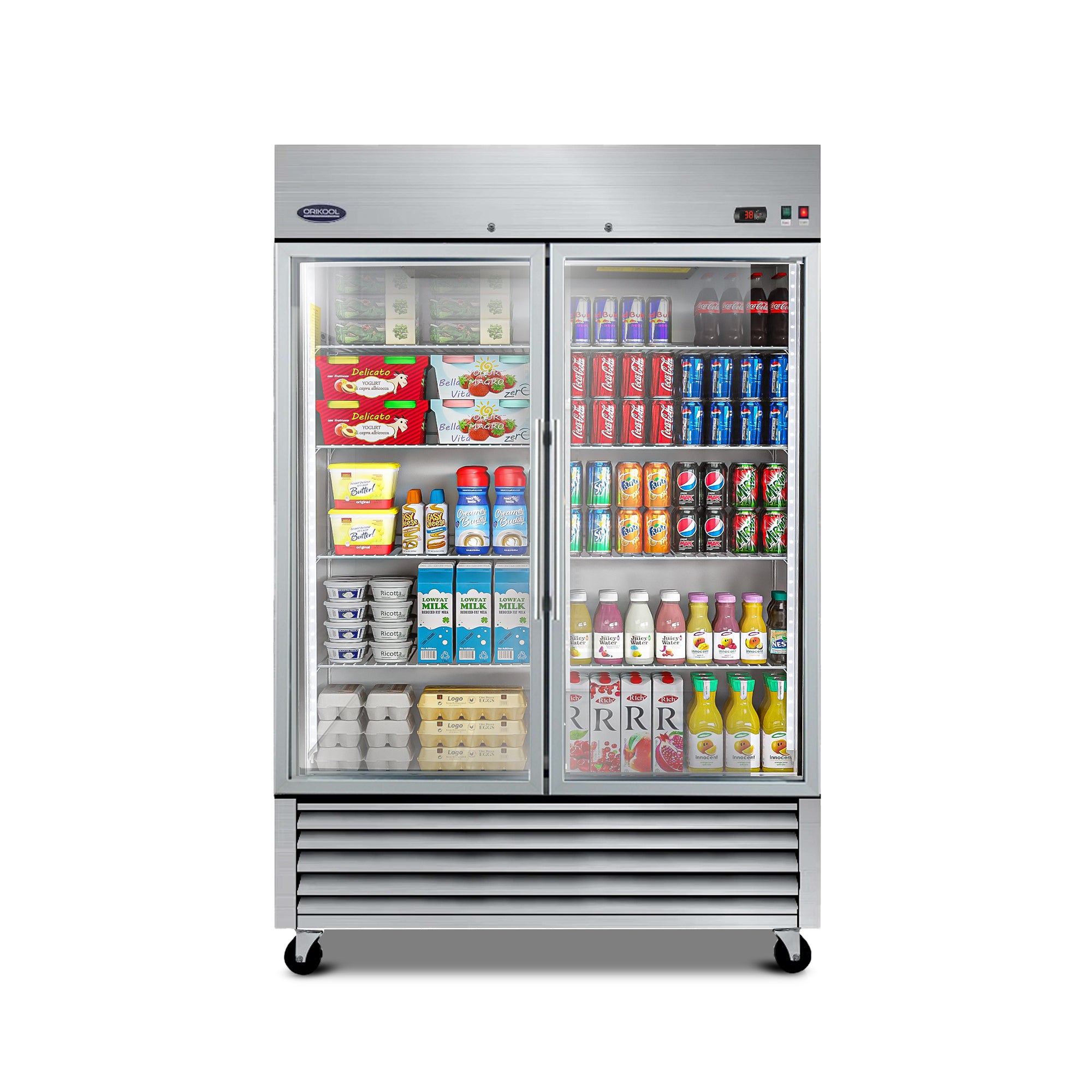 Front view of double door glass display refrigerator for beverages and perishable food storage.