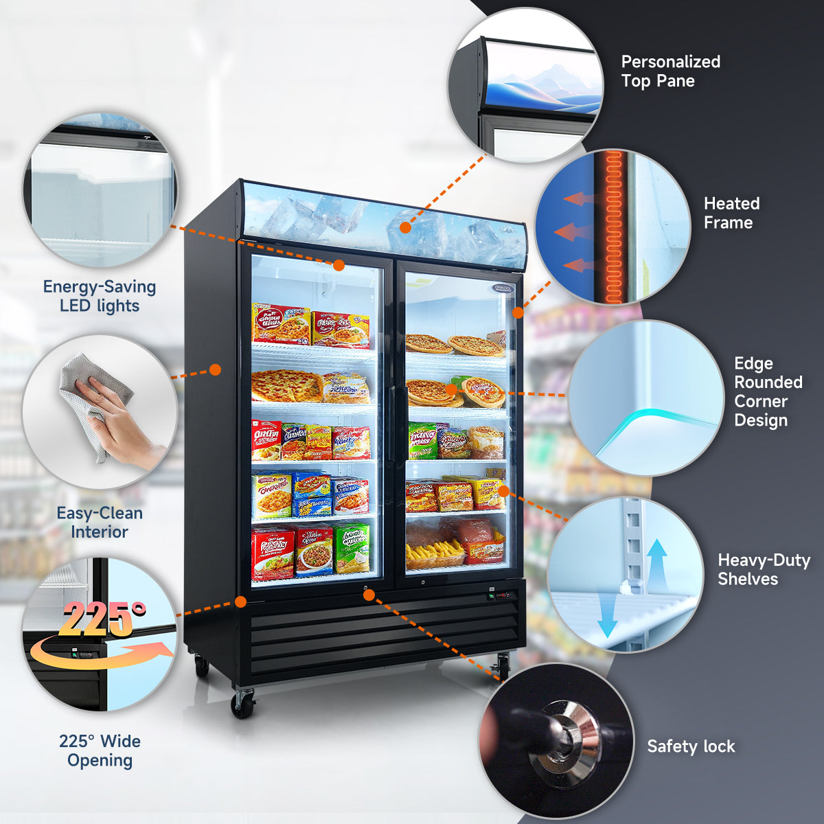 Double door display freezer with LED lights, heated frame, safety lock, and easy-clean design.