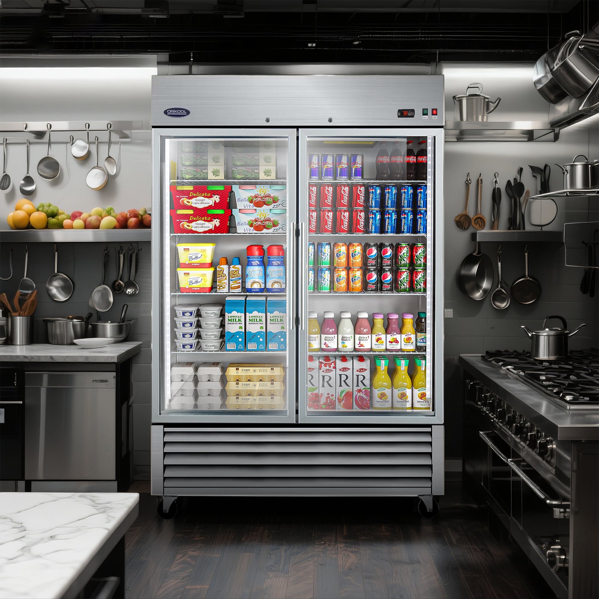 Double door commercial refrigerator with glass doors, suitable for restaurants, cafes, and beverage shops.