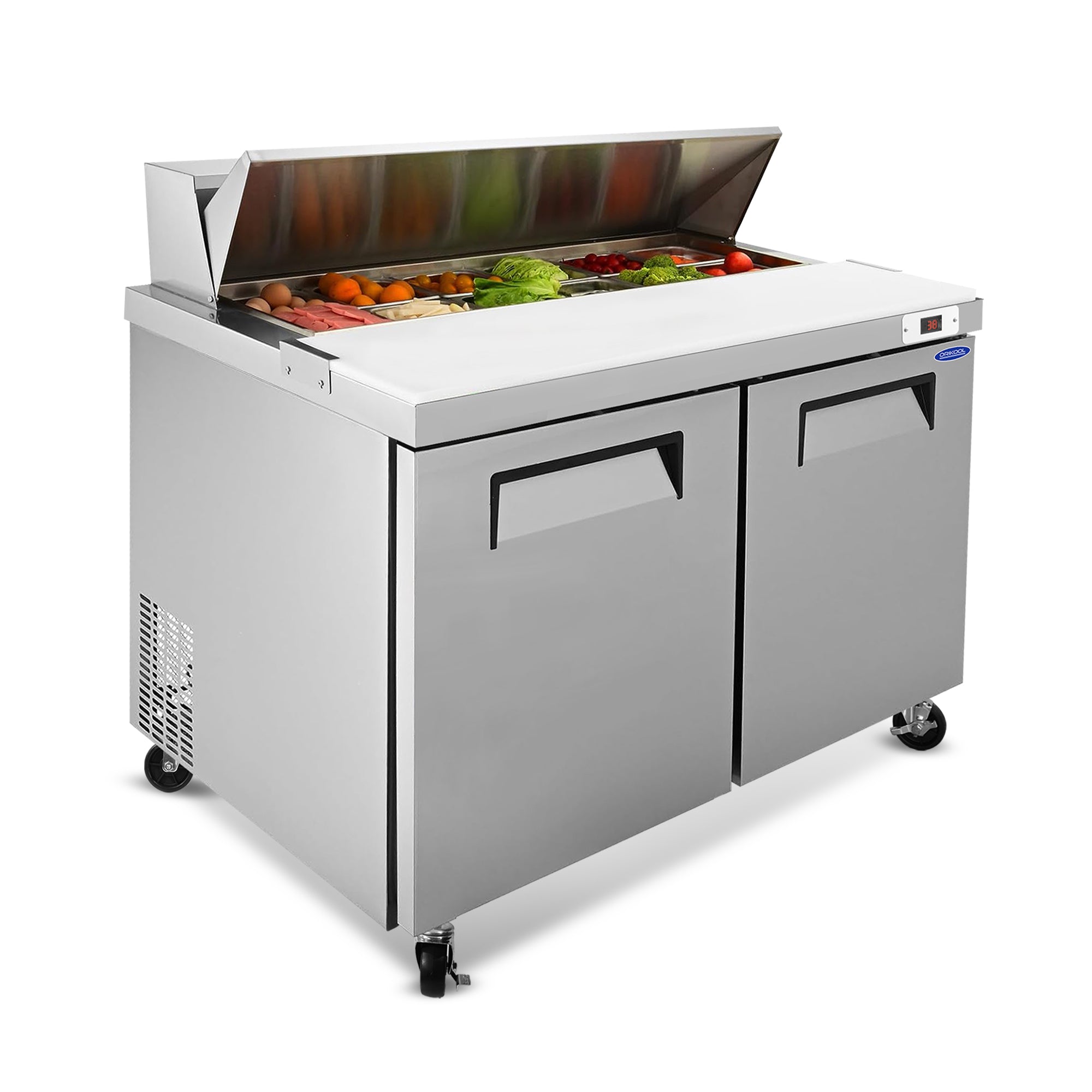 Double-door refrigerated sandwich prep table with stainless steel body.