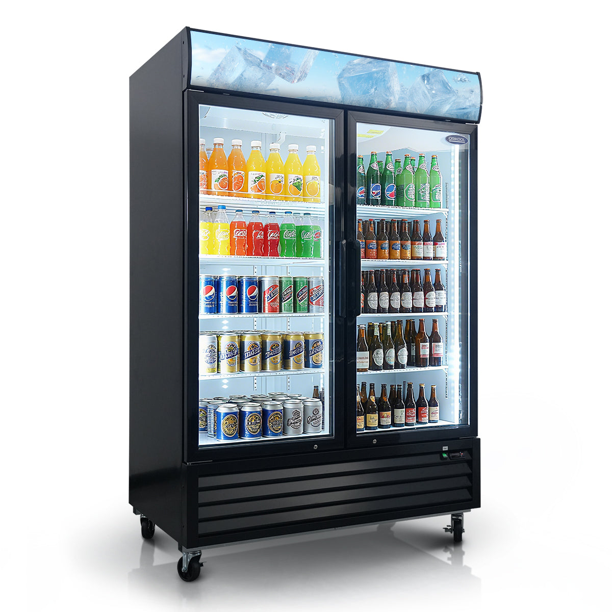 44.8 Cu.Ft double glass door commercial refrigerator with LED lighting and adjustable shelves.
