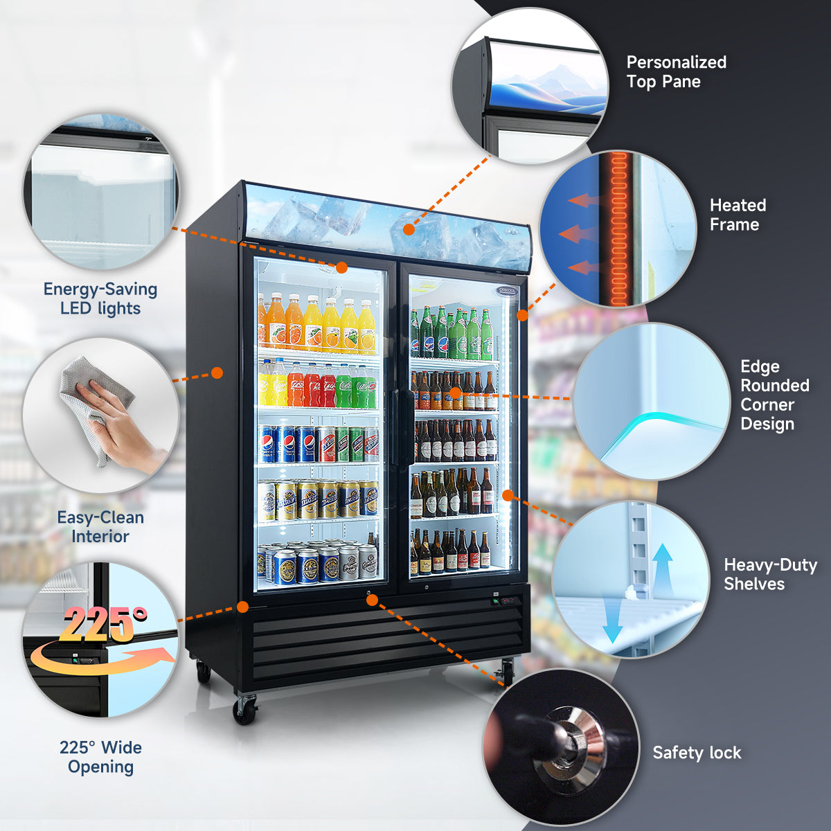 Double glass door commercial refrigerator showing LED lighting, heated frame, rounded edge, and safety lock.