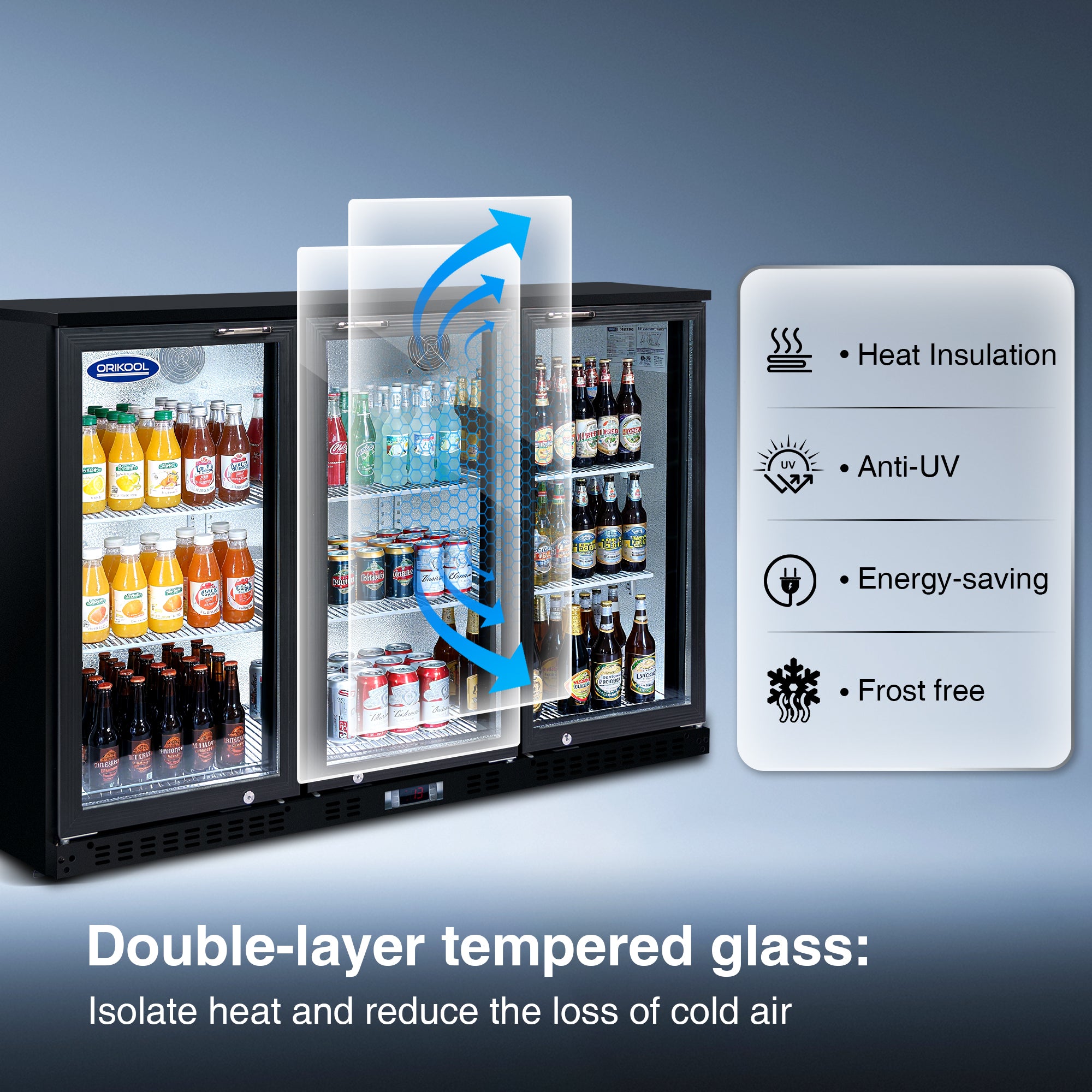 Double-layer tempered glass structure of a beverage cooler showing heat insulation and anti-UV features.
