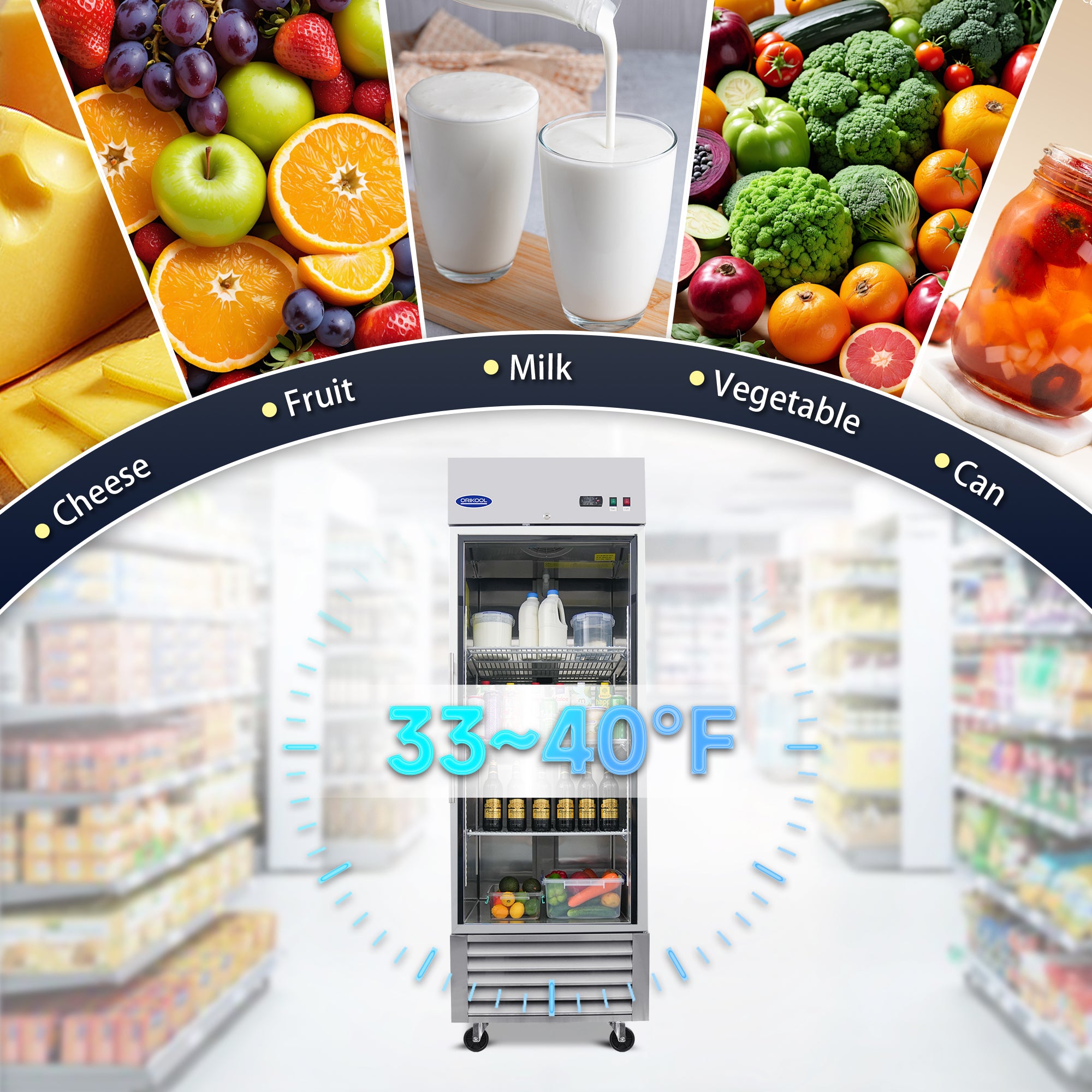 Temperature range 33–40°F single door commercial refrigerator for milk, cheese, fruit, and vegetables.
