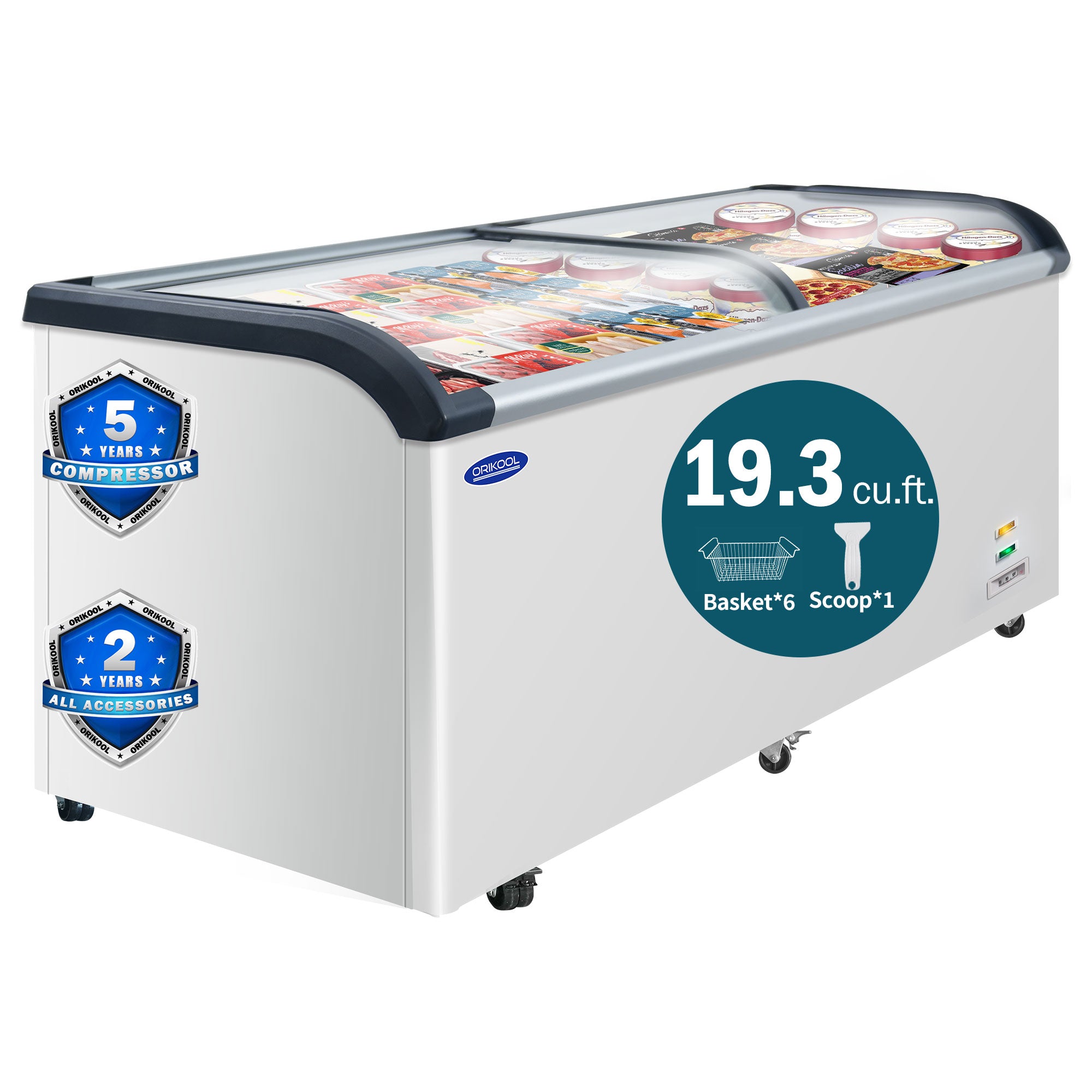 19.3 cu.ft commercial glass top display freezer with curved sliding lids and included baskets for ice cream and frozen food storage.