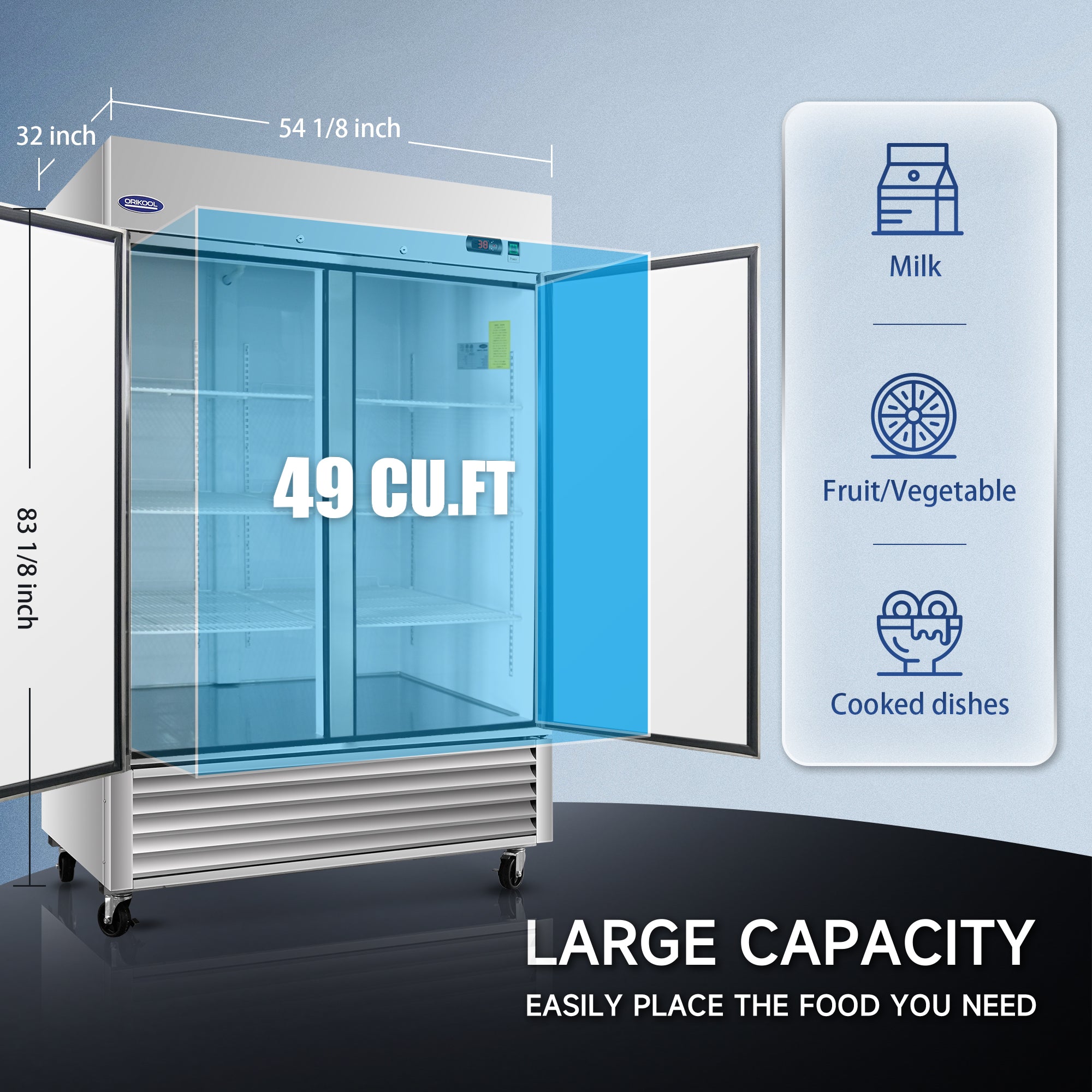 Large capacity 49 cu.ft commercial refrigerator suitable for milk, fruits, and cooked dishes