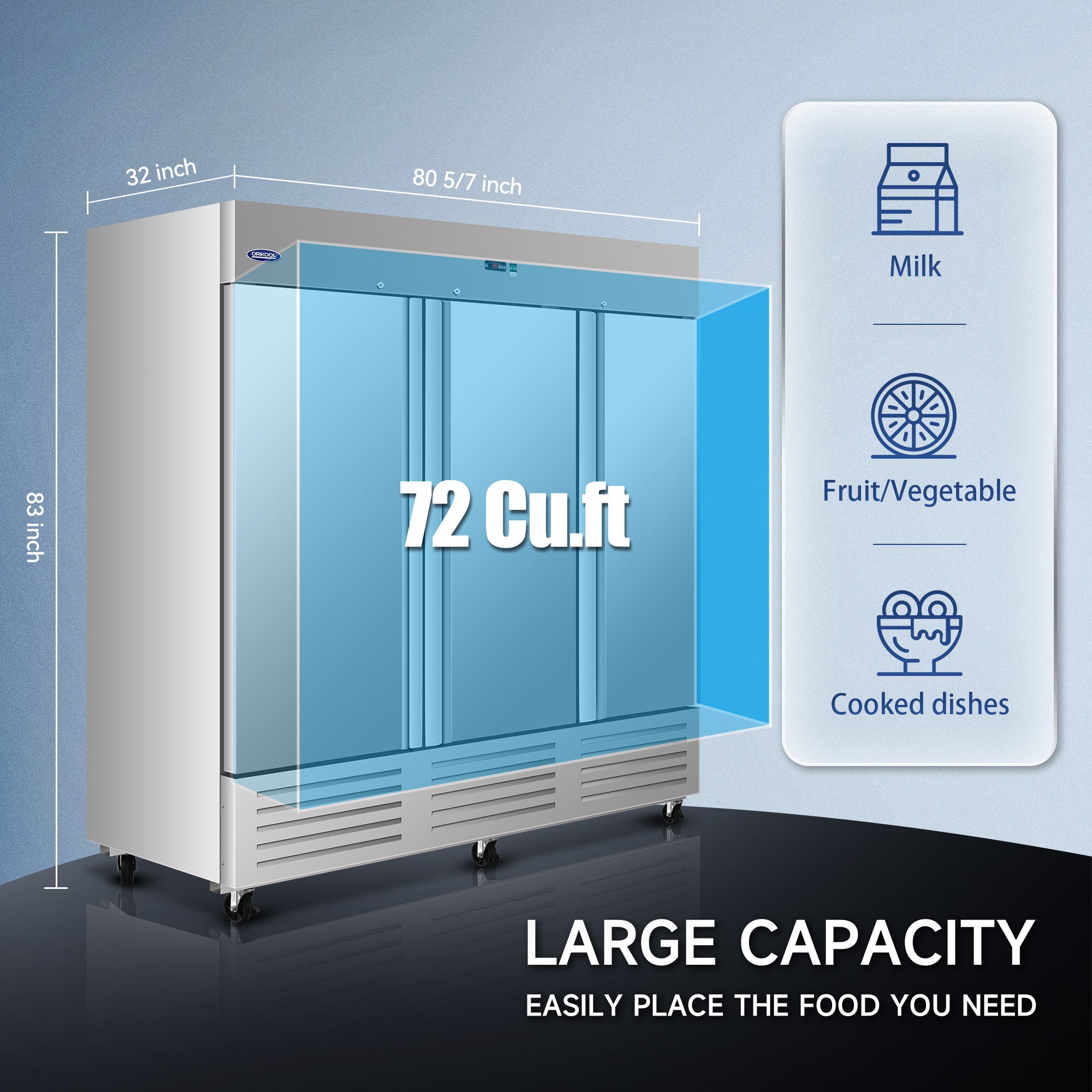 72 Cu.ft large-capacity triple door refrigerator for milk, fruit, vegetables, and cooked food storage.