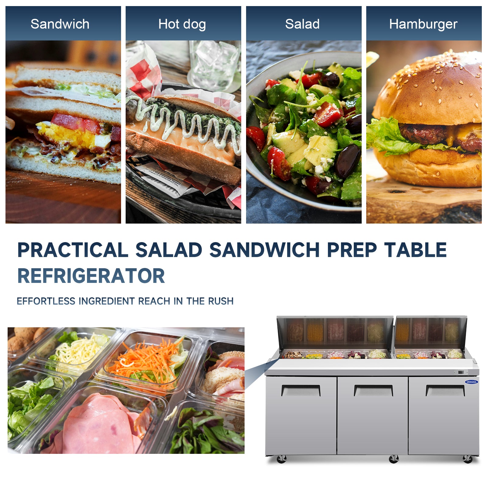 Practical 22 Cu.Ft salad sandwich prep table refrigerator for sandwiches, salads, burgers, and hot dogs.