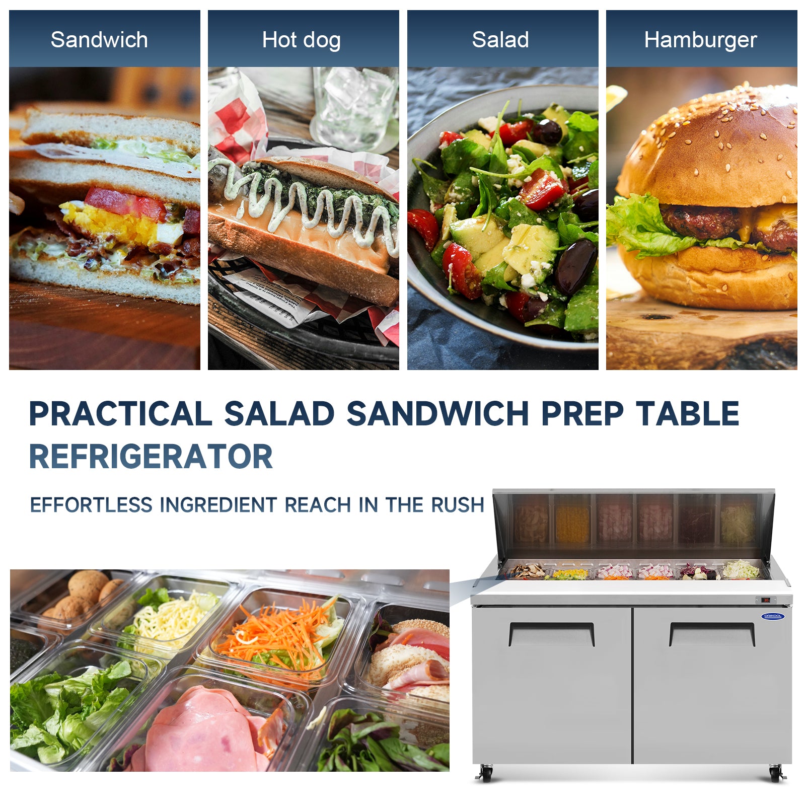Practical salad and sandwich prep refrigerator, perfect for sandwiches, hot dogs, salads, and burgers.