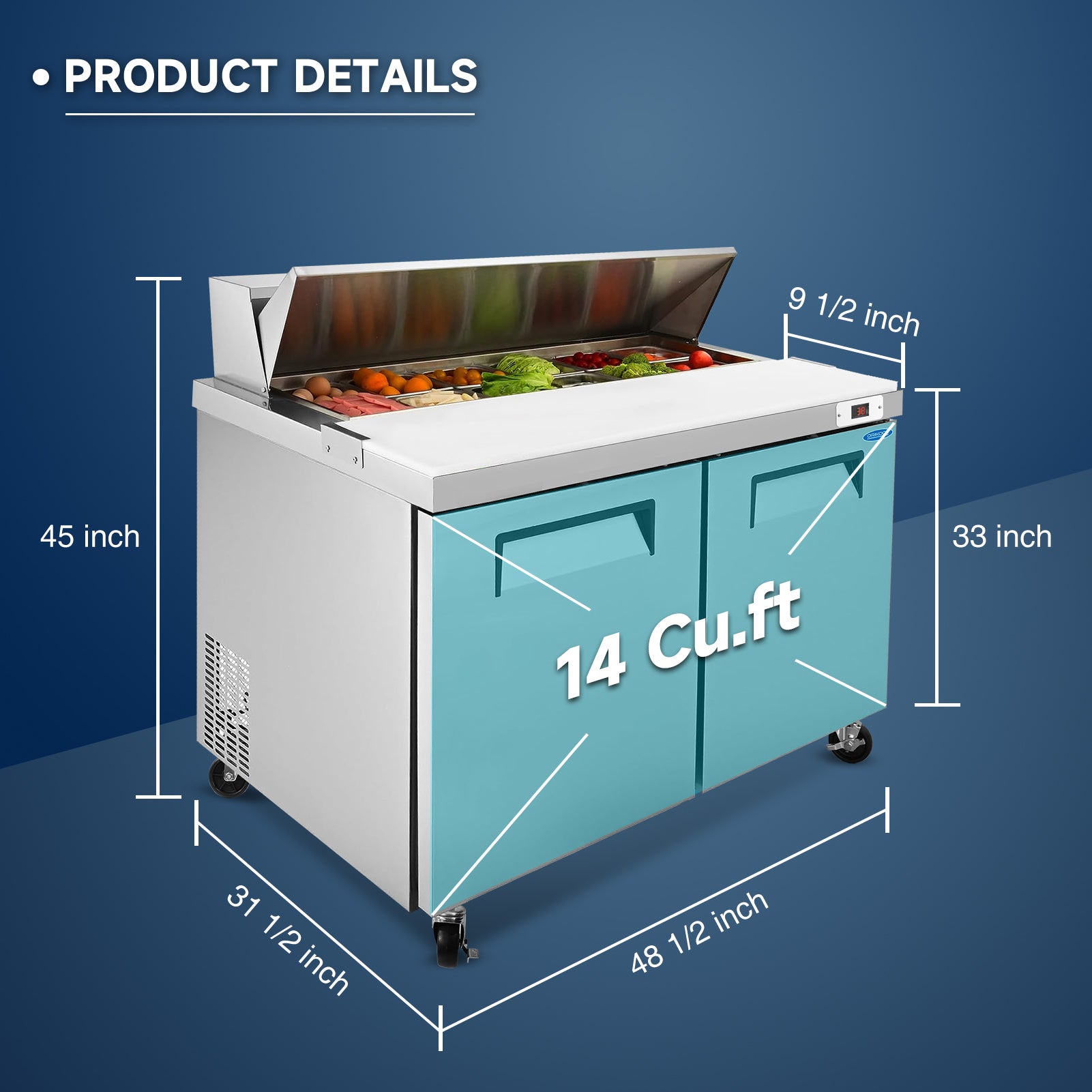 Product details showing 14 Cu.Ft refrigerator dimensions and design.