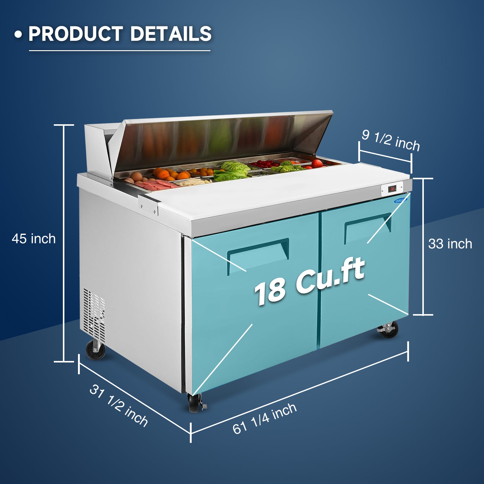 Product details showing 18 Cu.Ft refrigerator dimensions and structure.