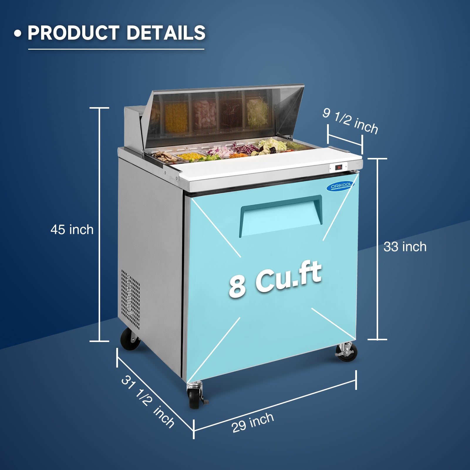 Product dimensions of 8 Cu.Ft refrigerator with precise size details.
