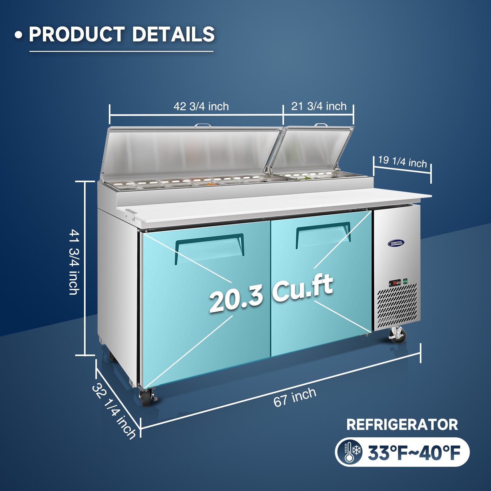 Double-door salad prep table refrigerator with 20.3 cu.ft capacity and detailed product dimensions.
