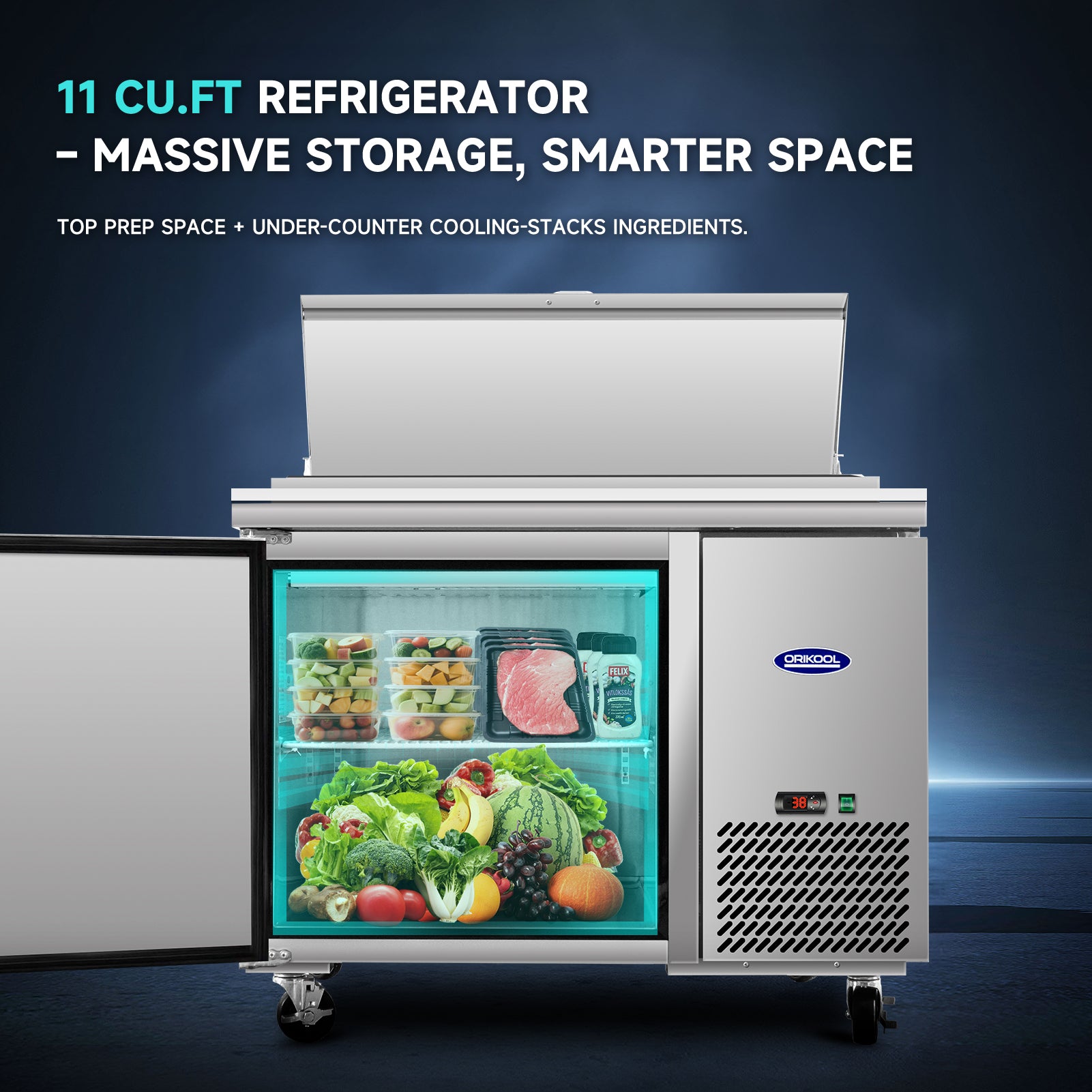 11 cu.ft salad prep table refrigerator with top prep area and under-counter cooling for smart storage.