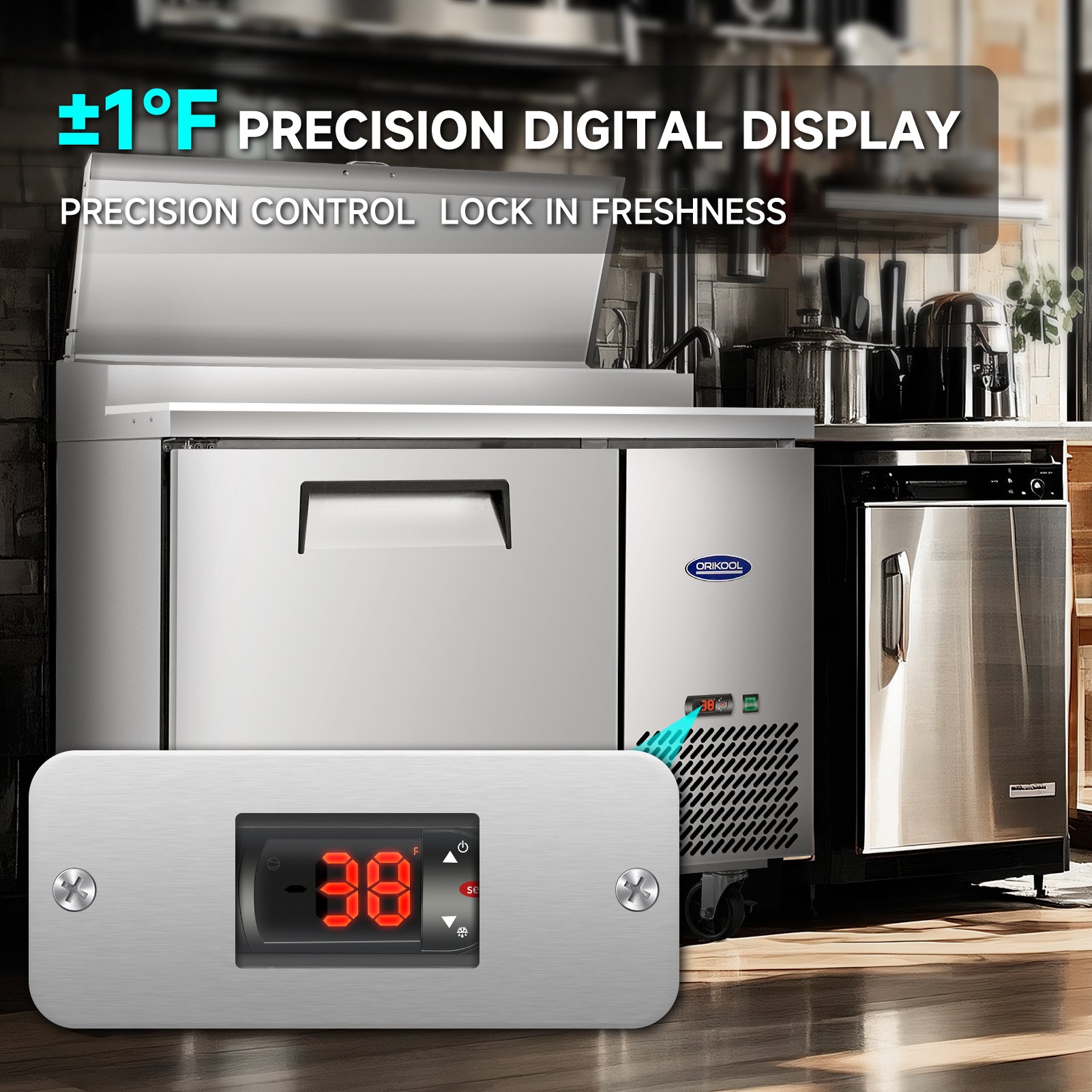Precision digital temperature control on salad prep table refrigerator ensures accurate cooling and food freshness.