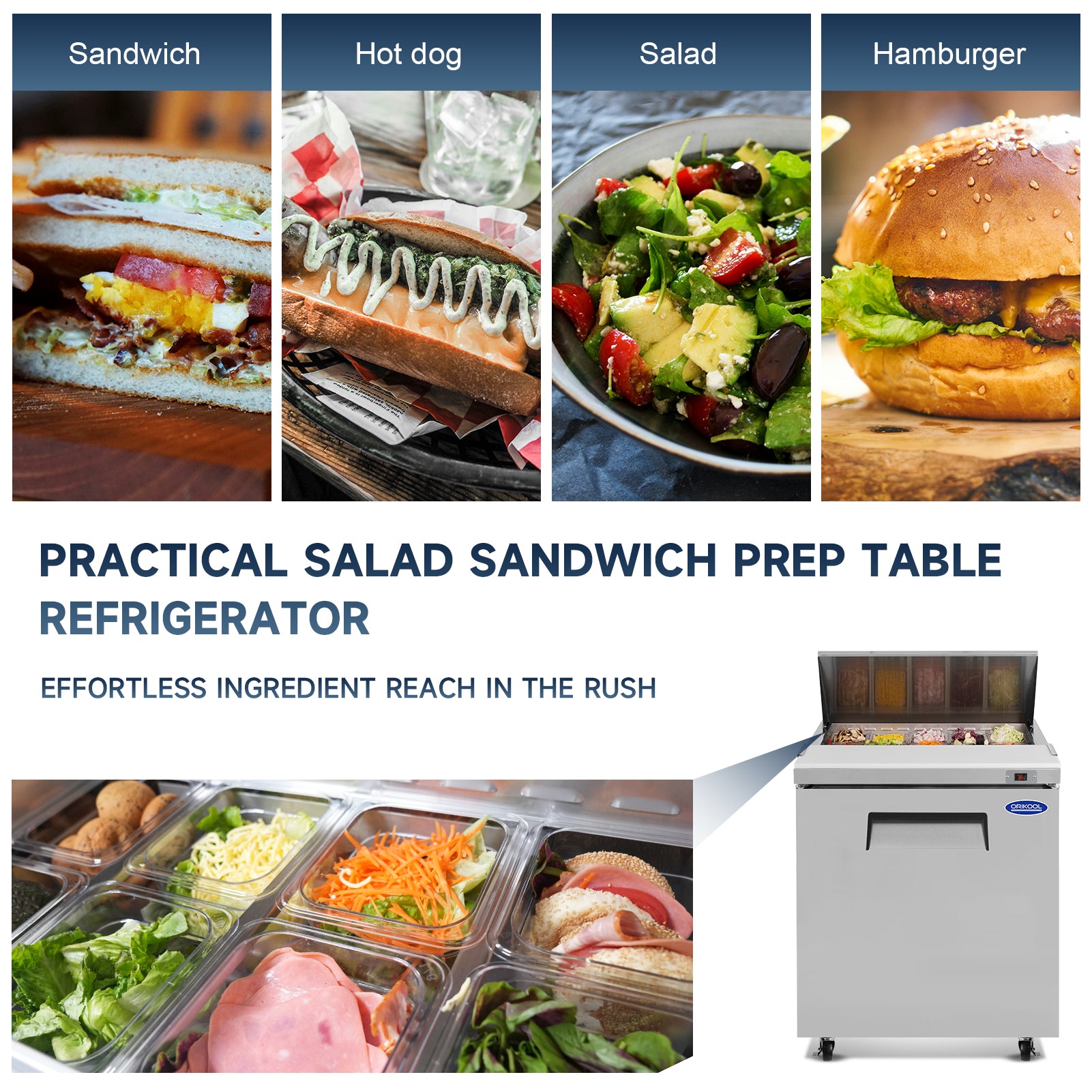 Practical salad and sandwich prep refrigerator for effortless ingredient reach.
