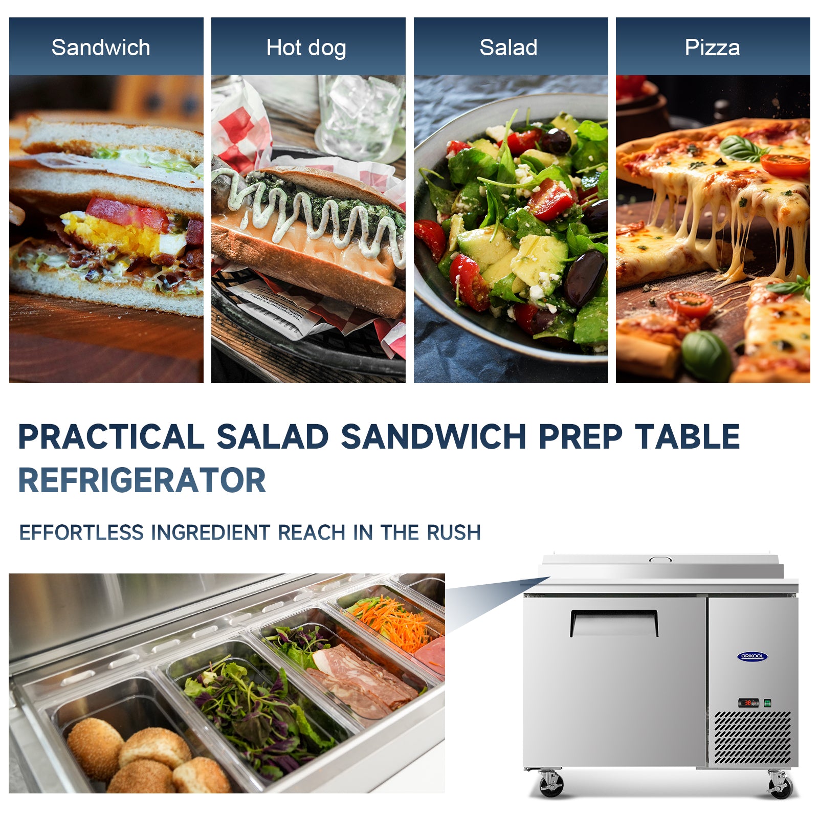 Practical salad sandwich prep table refrigerator ideal for sandwiches, salads, pizza, and hot dogs.